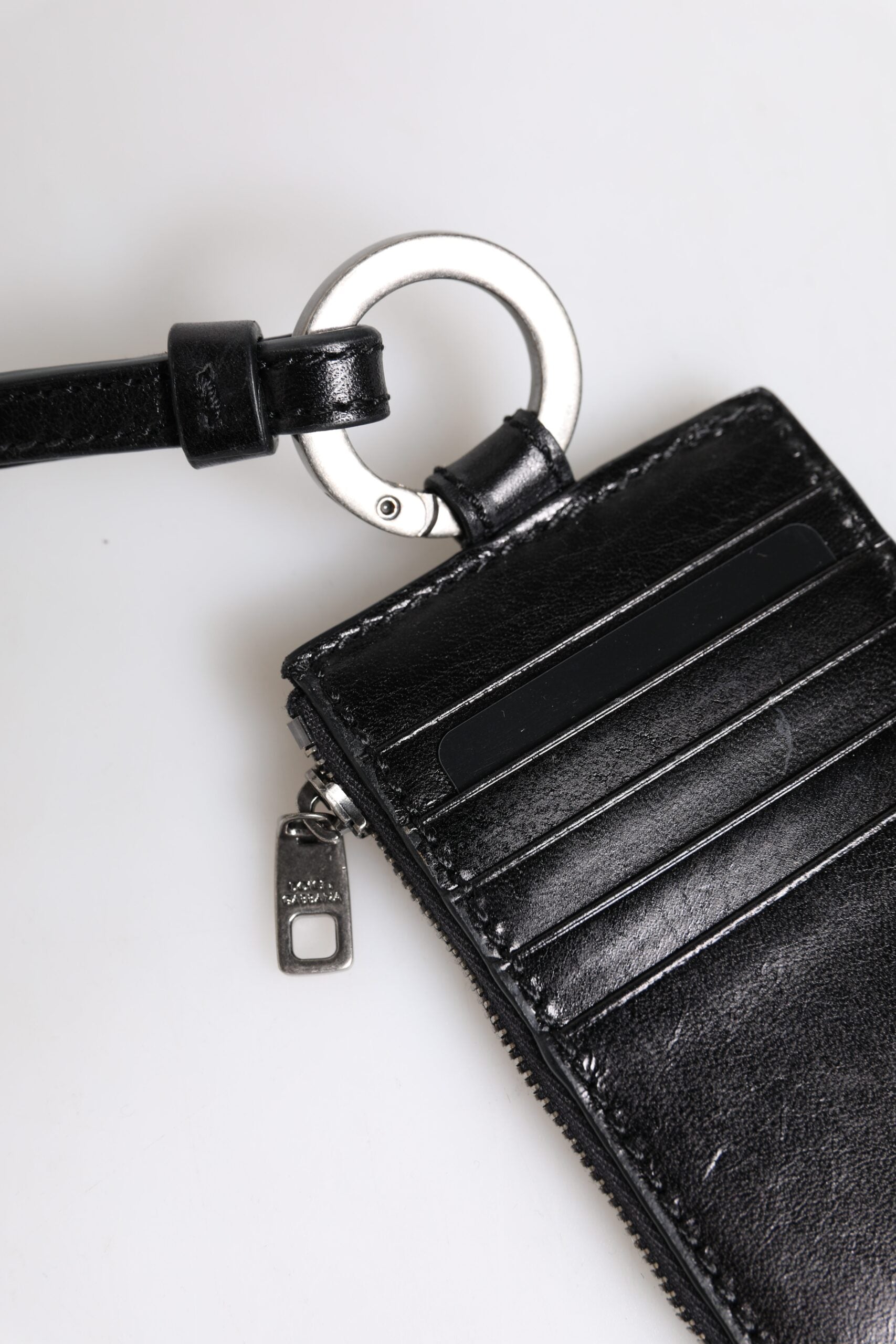 Dolce &amp; Gabbana sort læder logo præget lanyard kortholder tegnebog