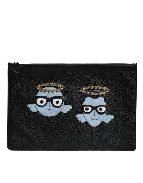 Dolce & Gabbana Black Leather #DGFAMILY Embellished Men Zip Pouch Bag - Hilstor