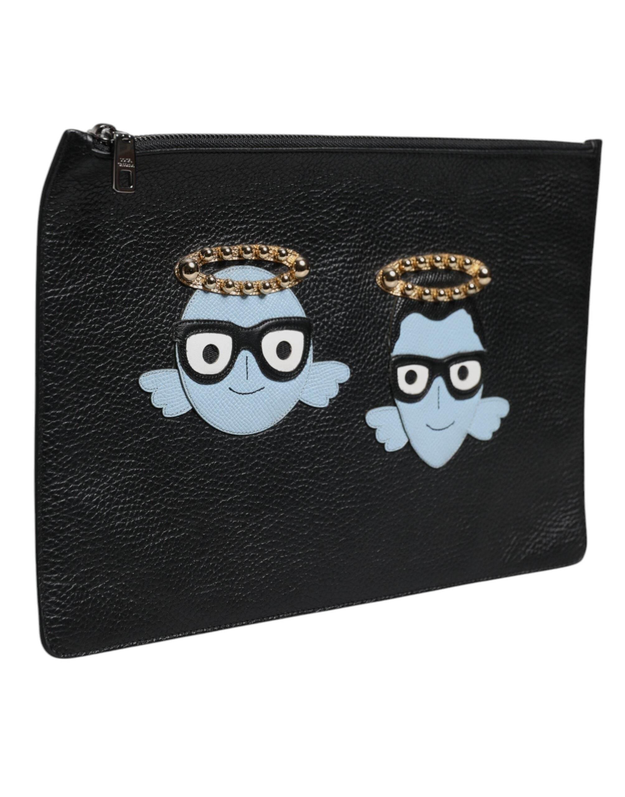 Dolce & Gabbana Black Leather #DGFAMILY Embellished Men Zip Pouch Bag - Hilstor