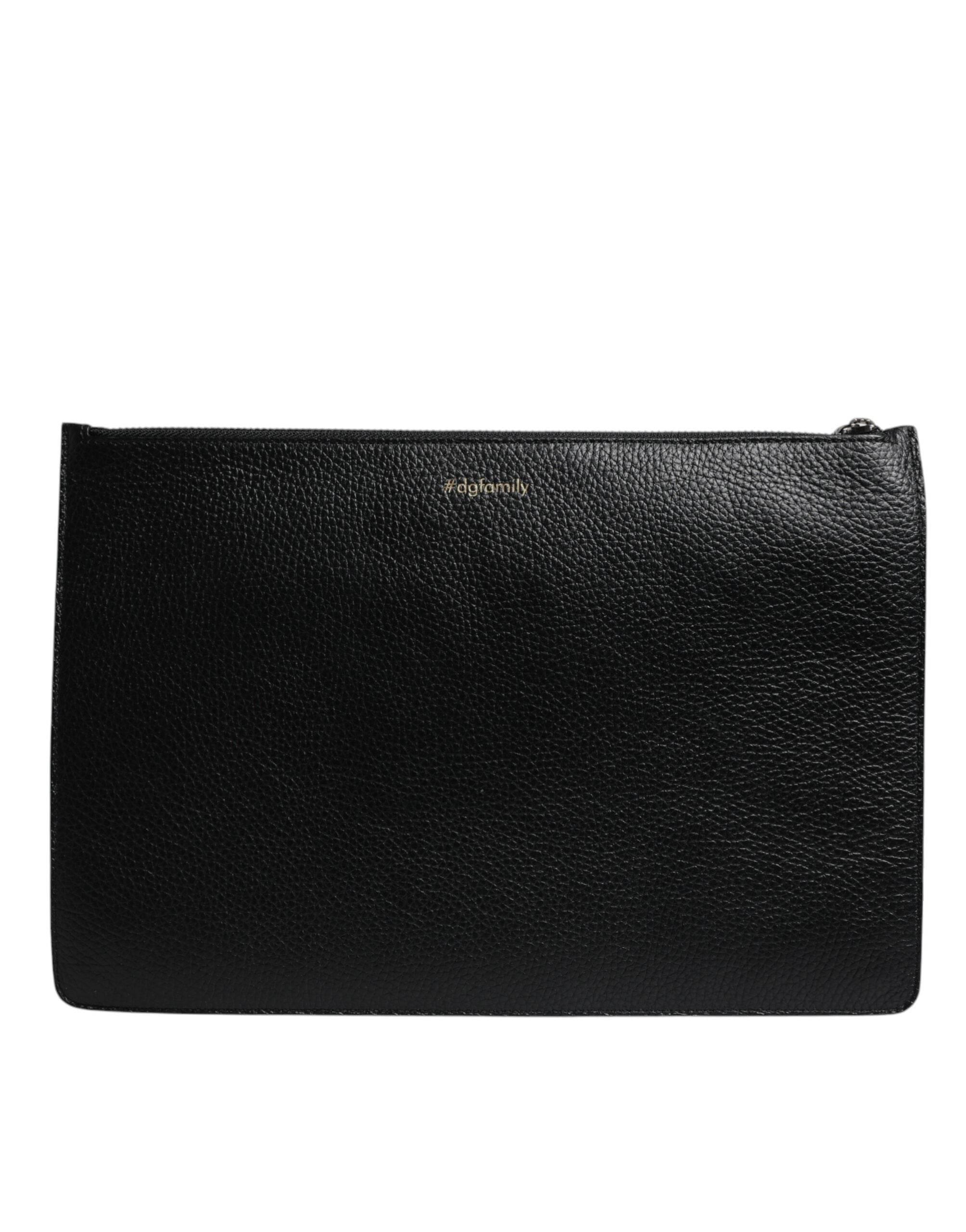Dolce & Gabbana Black Leather #DGFAMILY Embellished Men Zip Pouch Bag - Hilstor