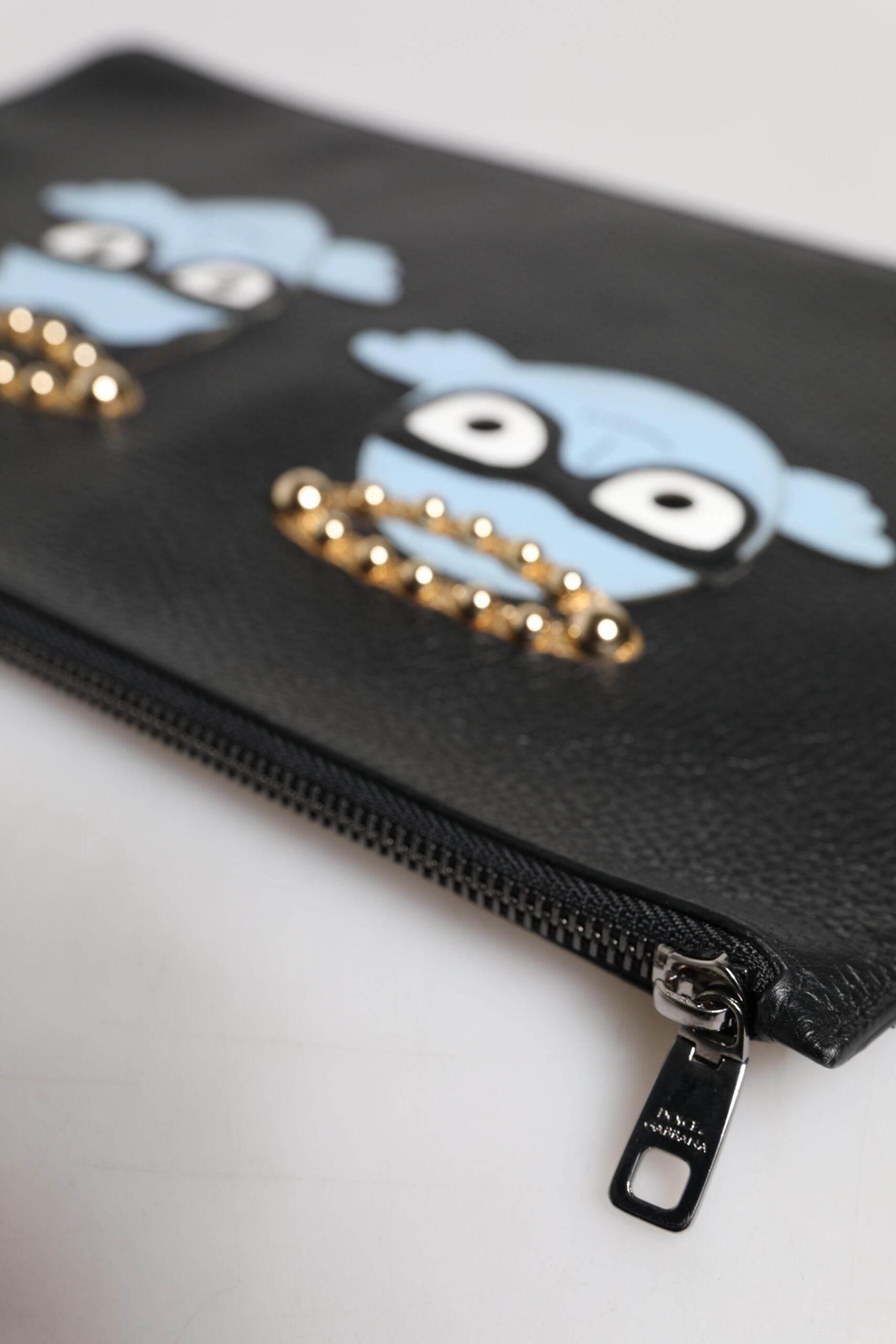 Dolce & Gabbana Black Leather #DGFAMILY Embellished Men Zip Pouch Bag - Hilstor