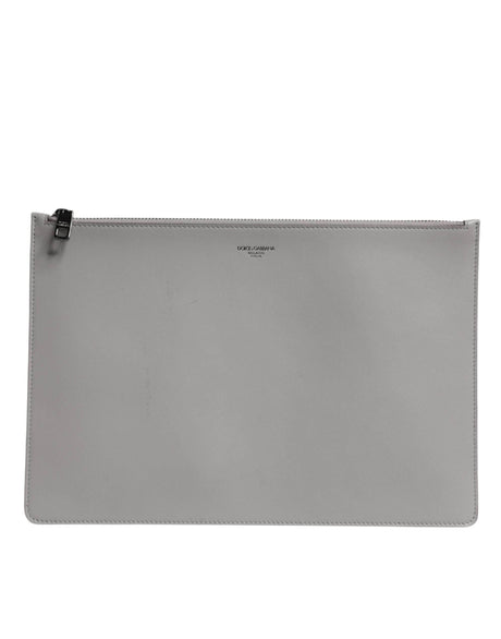 Dolce & Gabbana Gray Solid Leather DG Logo Men Clutch Zip Pouch Bag - Hilstor