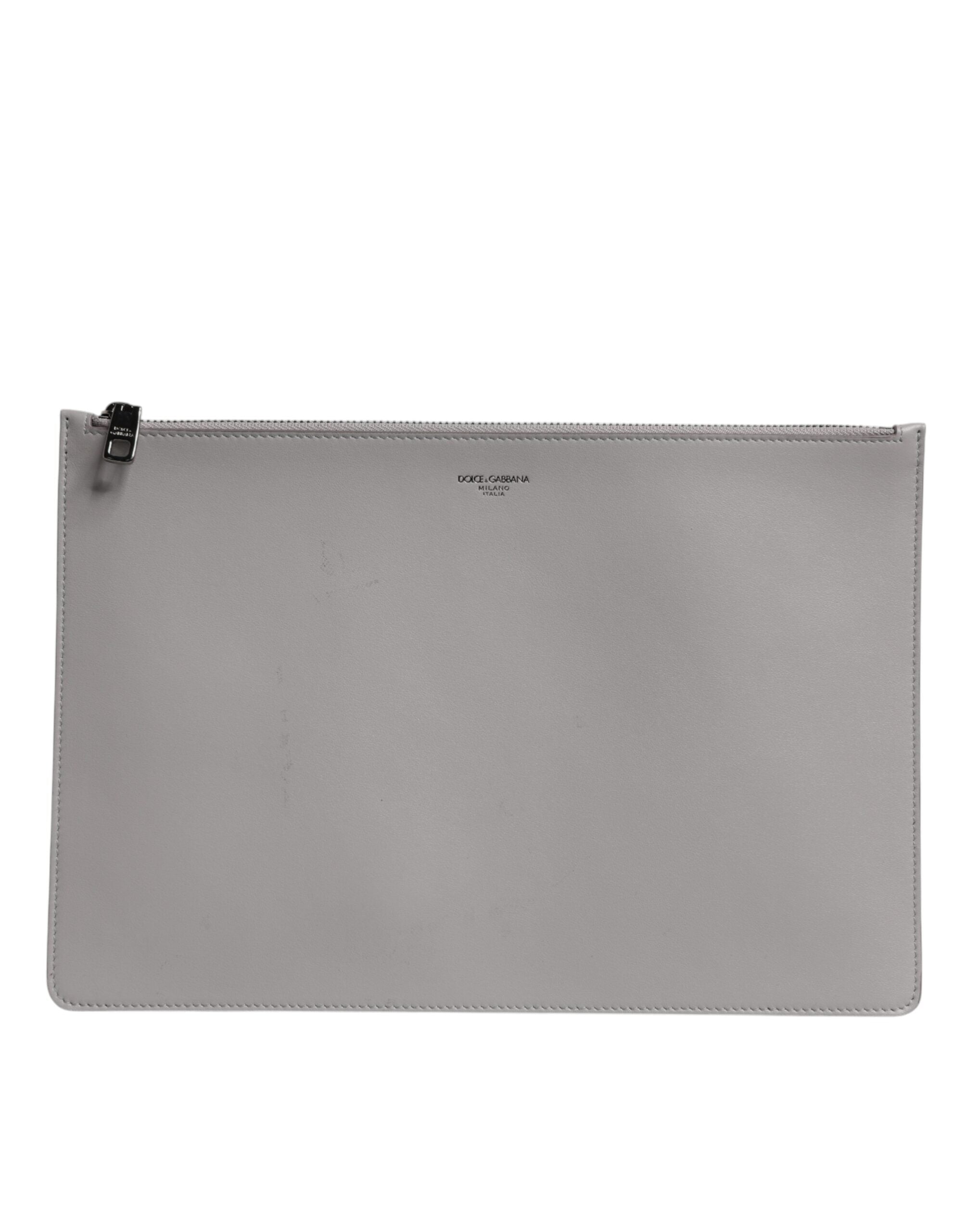 Dolce &amp; Gabbana Grå Solid Leather DG Logo Herrkuvertväska med Dragkedja