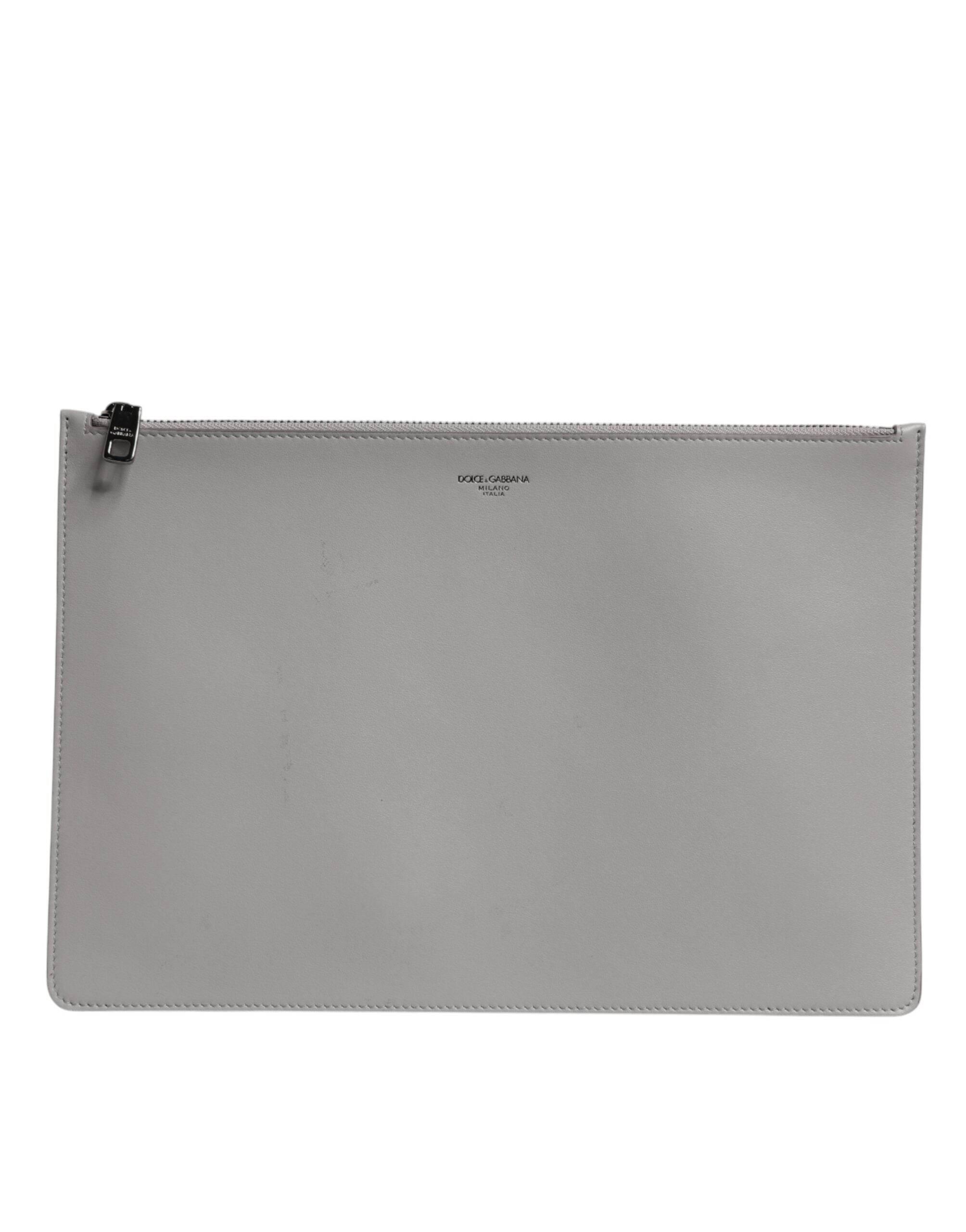 Dolce & Gabbana Gray Solid Leather DG Logo Men Clutch Zip Pouch Bag - Hilstor