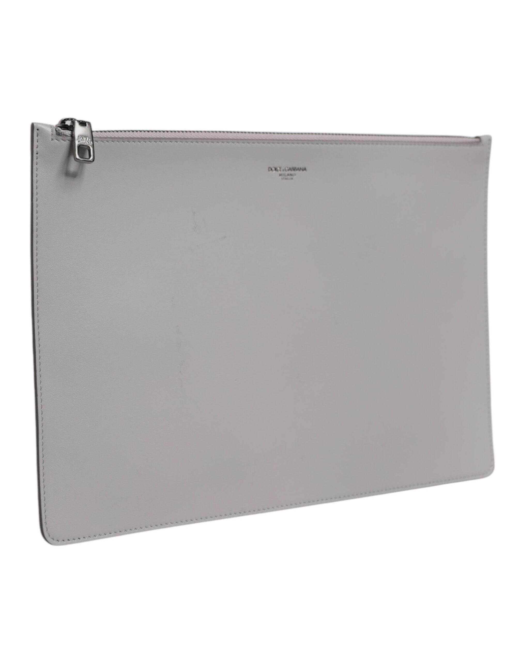 Dolce & Gabbana Gray Solid Leather DG Logo Men Clutch Zip Pouch Bag - Hilstor