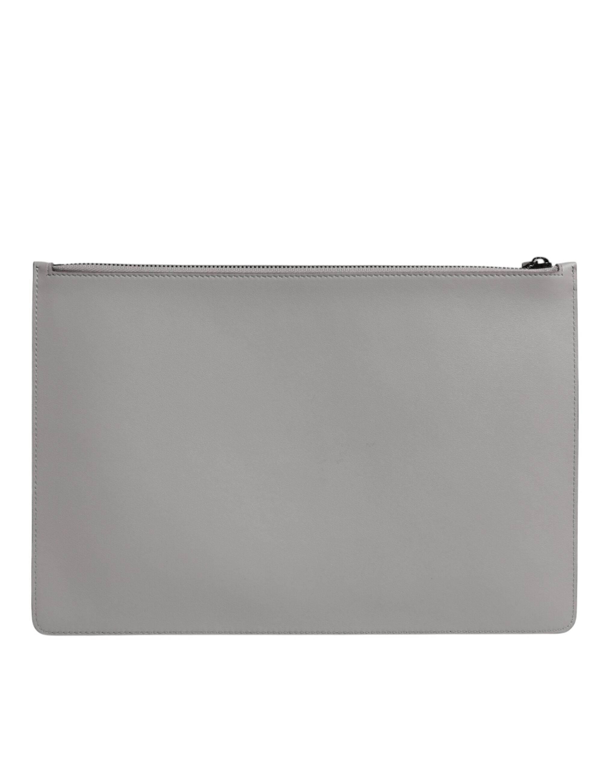 Dolce & Gabbana Gray Solid Leather DG Logo Men Clutch Zip Pouch Bag - Hilstor