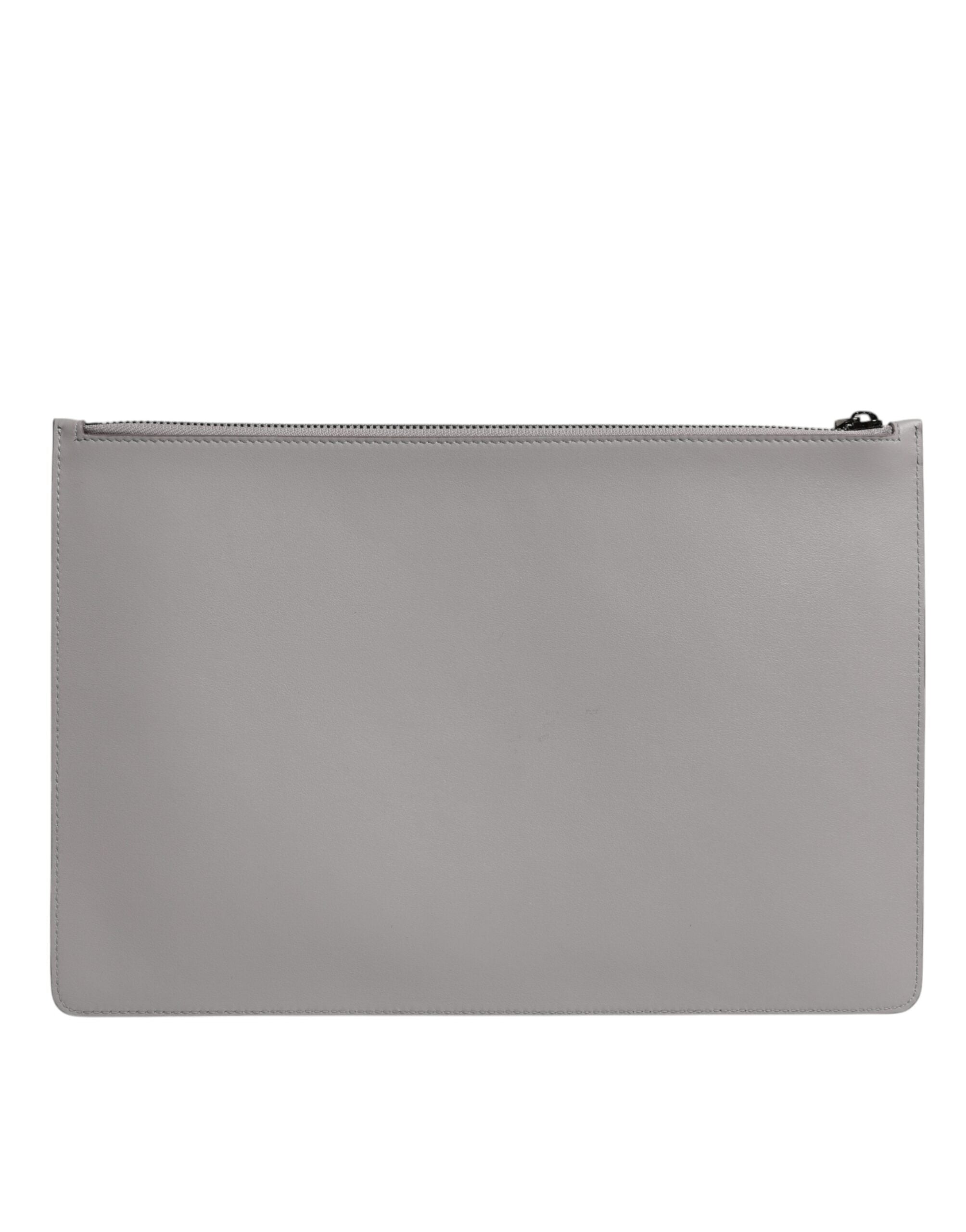 Dolce &amp; Gabbana Grå Solid Leather DG Logo Herrkuvertväska med Dragkedja