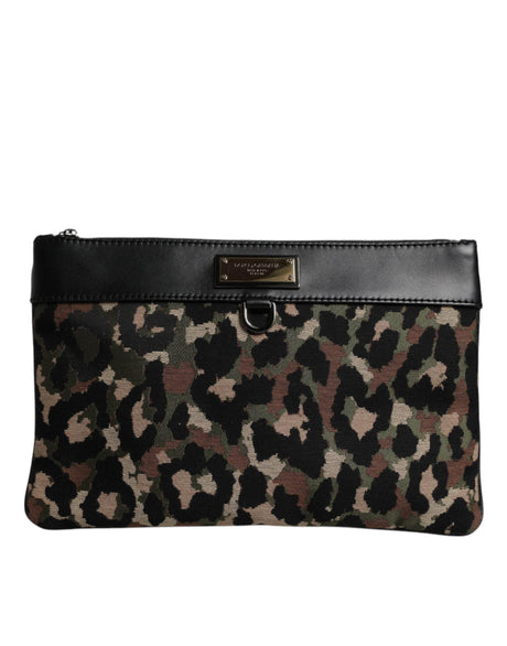 Dolce & Gabbana Multicolor Leopard Jacquard Print Logo Plaque Pouch Bag - Hilstor