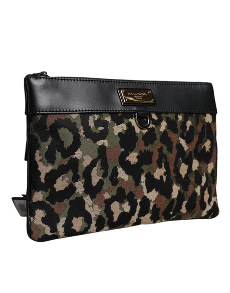 Dolce &amp; Gabbana Multicolor Leopard Jacquard Print Logo Plaque Pouch Taske