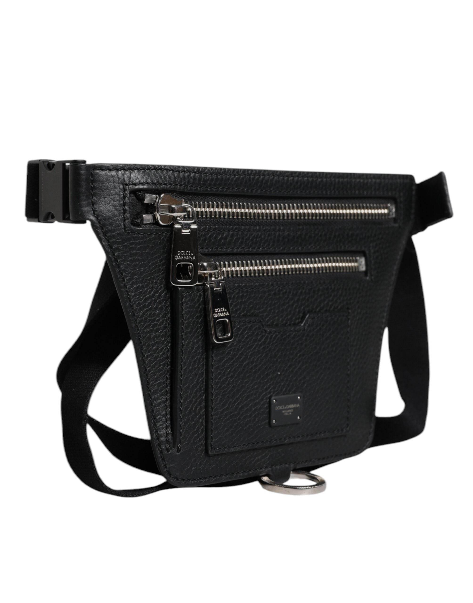 Dolce & Gabbana Black Calfskin Logo Plaque Belt Waist Men Fanny Pack Bag - Hilstor