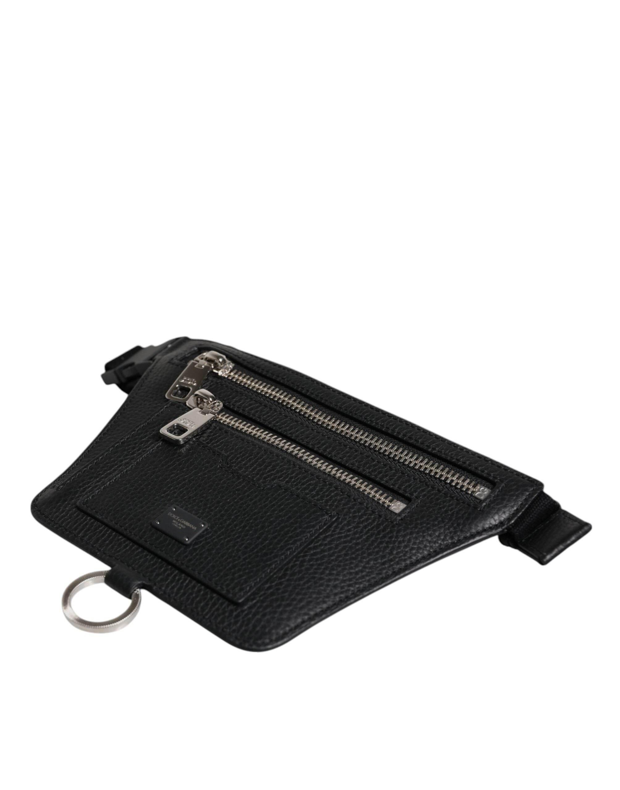 Dolce & Gabbana Black Calfskin Logo Plaque Belt Waist Men Fanny Pack Bag - Hilstor