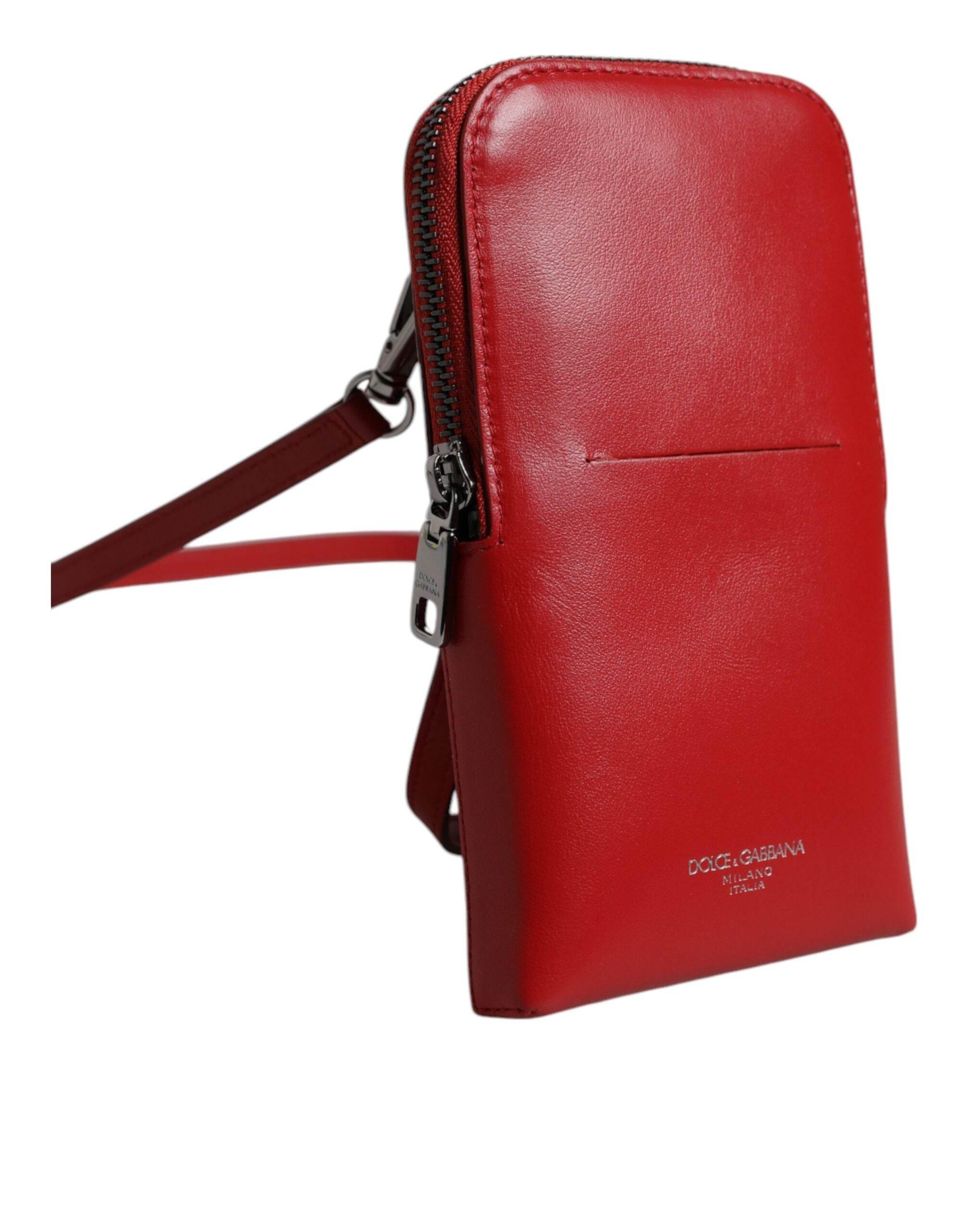 Dolce & Gabbana Red Leather Purse Phone Sling Crossbody Neck Strap Bag - Hilstor