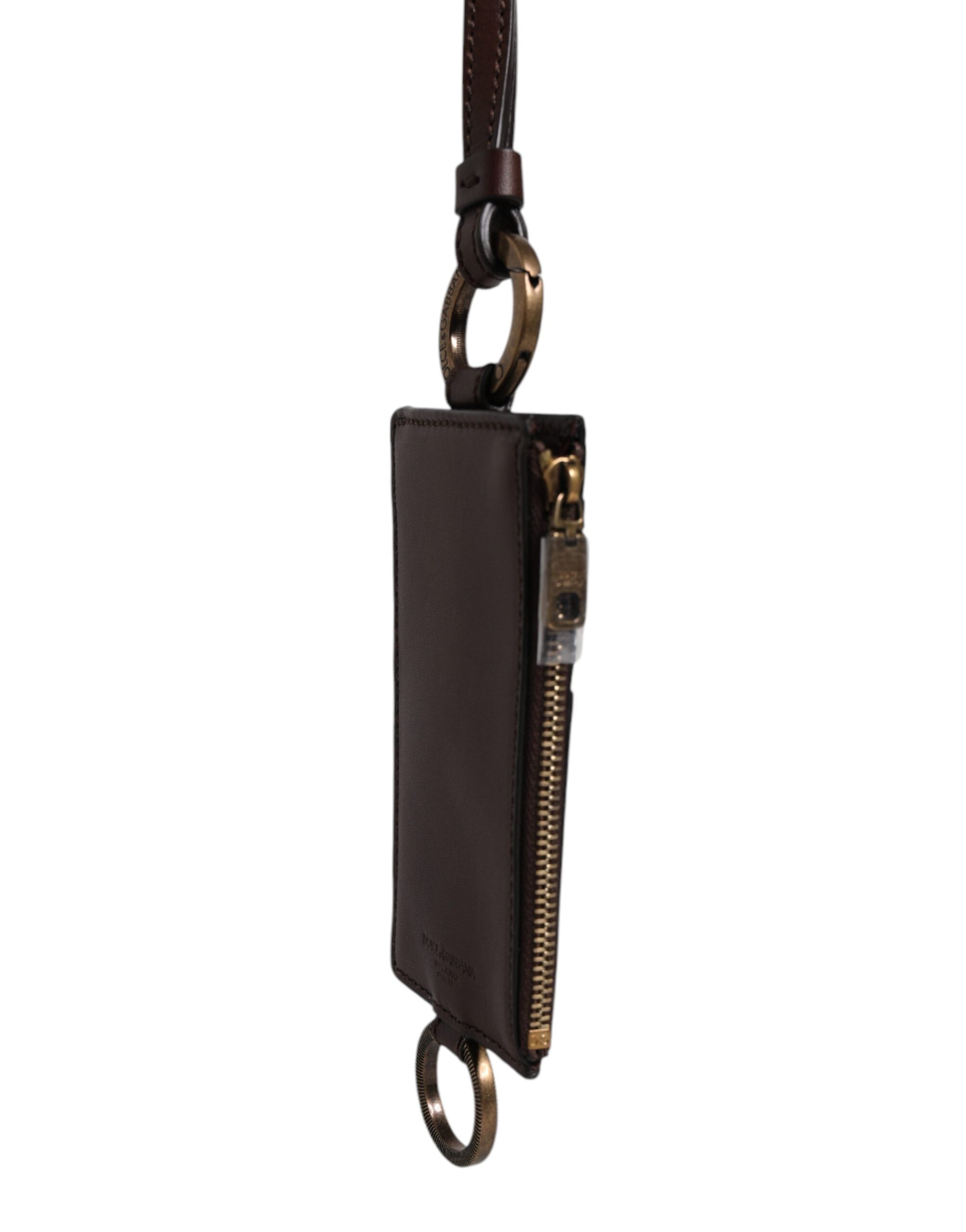 Dolce &amp; Gabbana brun kalvelæder lanyard logo kortholder tegnebog