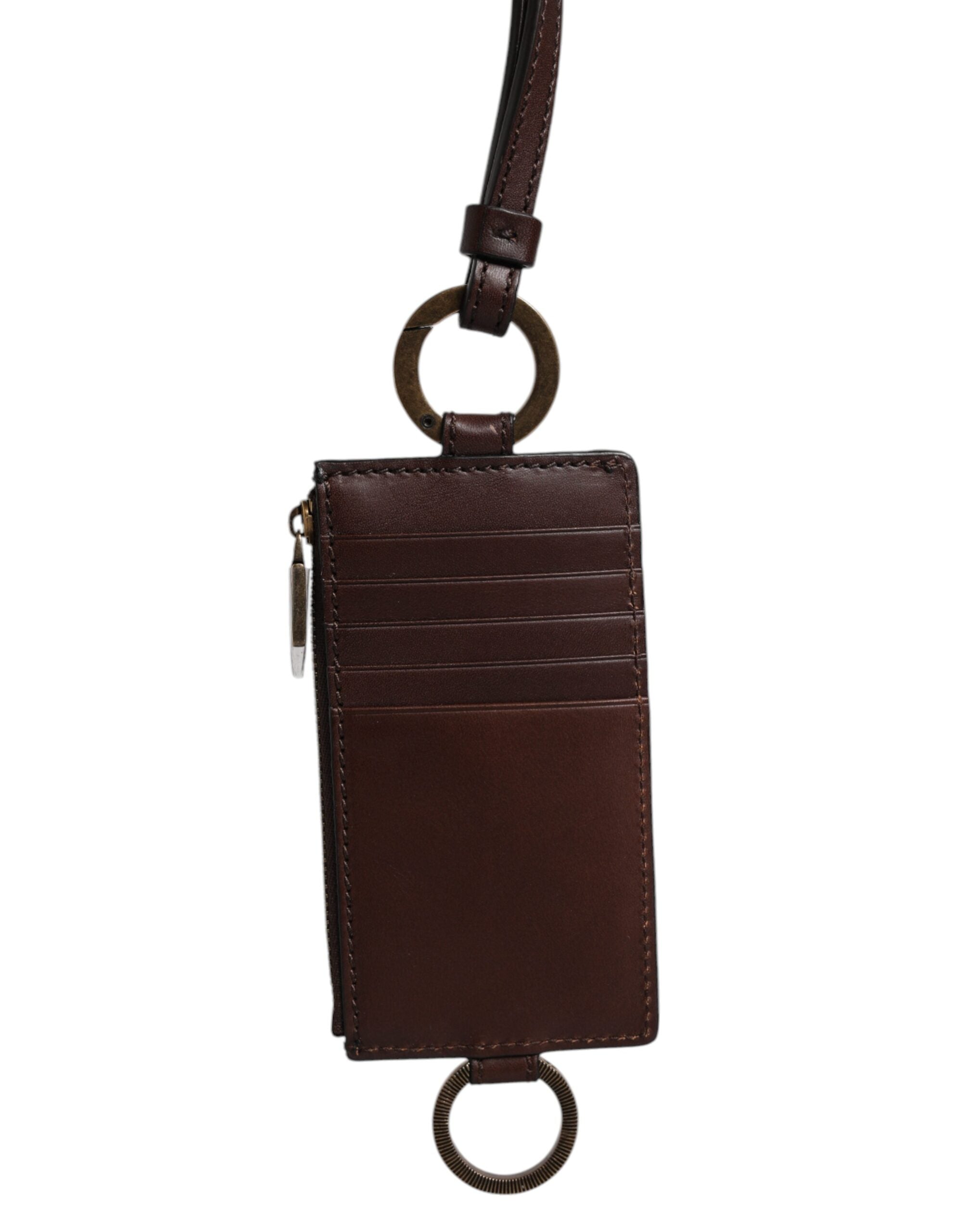 Dolce &amp; Gabbana brun kalvelæder lanyard logo kortholder tegnebog