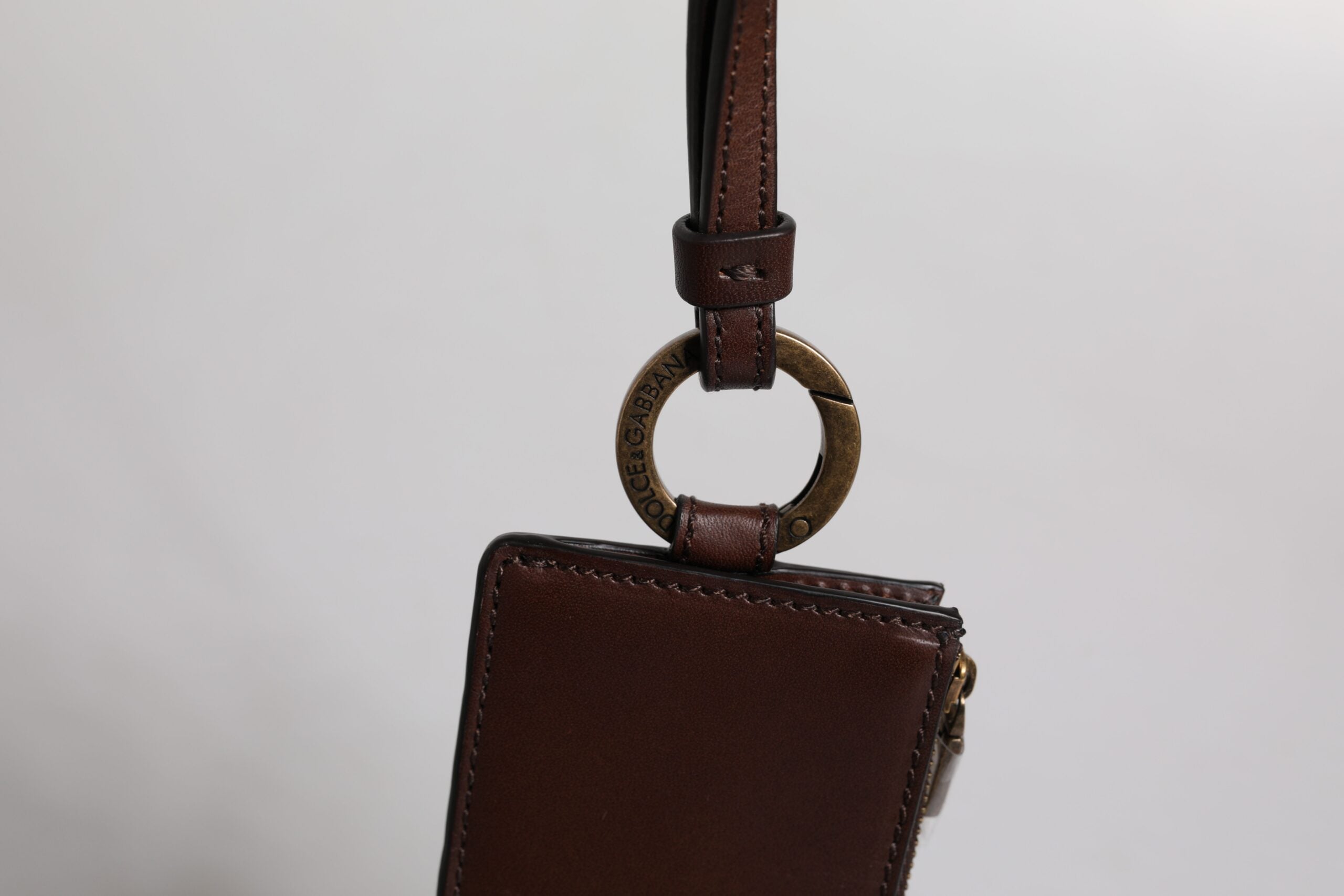 Dolce &amp; Gabbana brun kalvelæder lanyard logo kortholder tegnebog