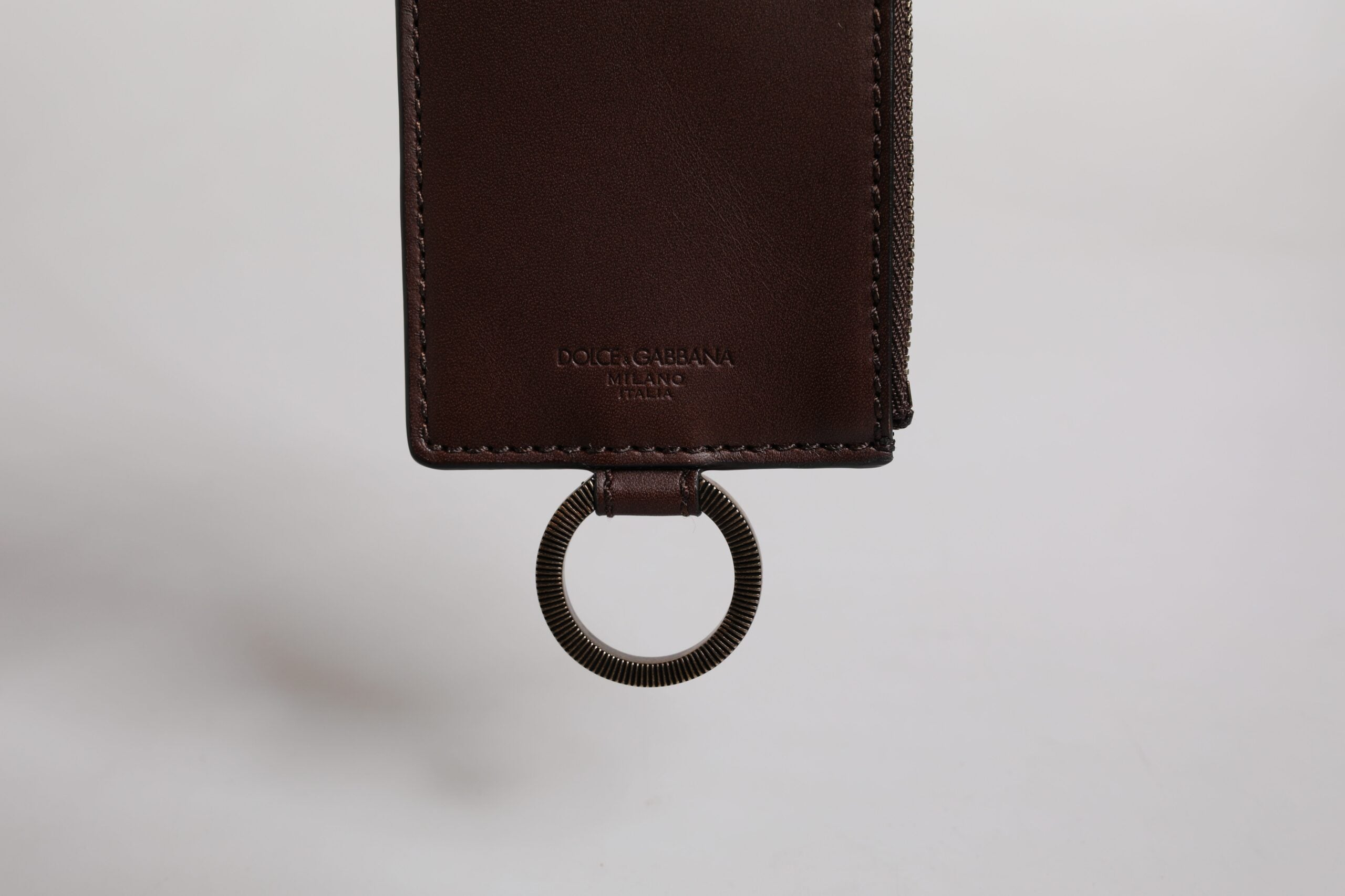 Dolce &amp; Gabbana brun kalvelæder lanyard logo kortholder tegnebog