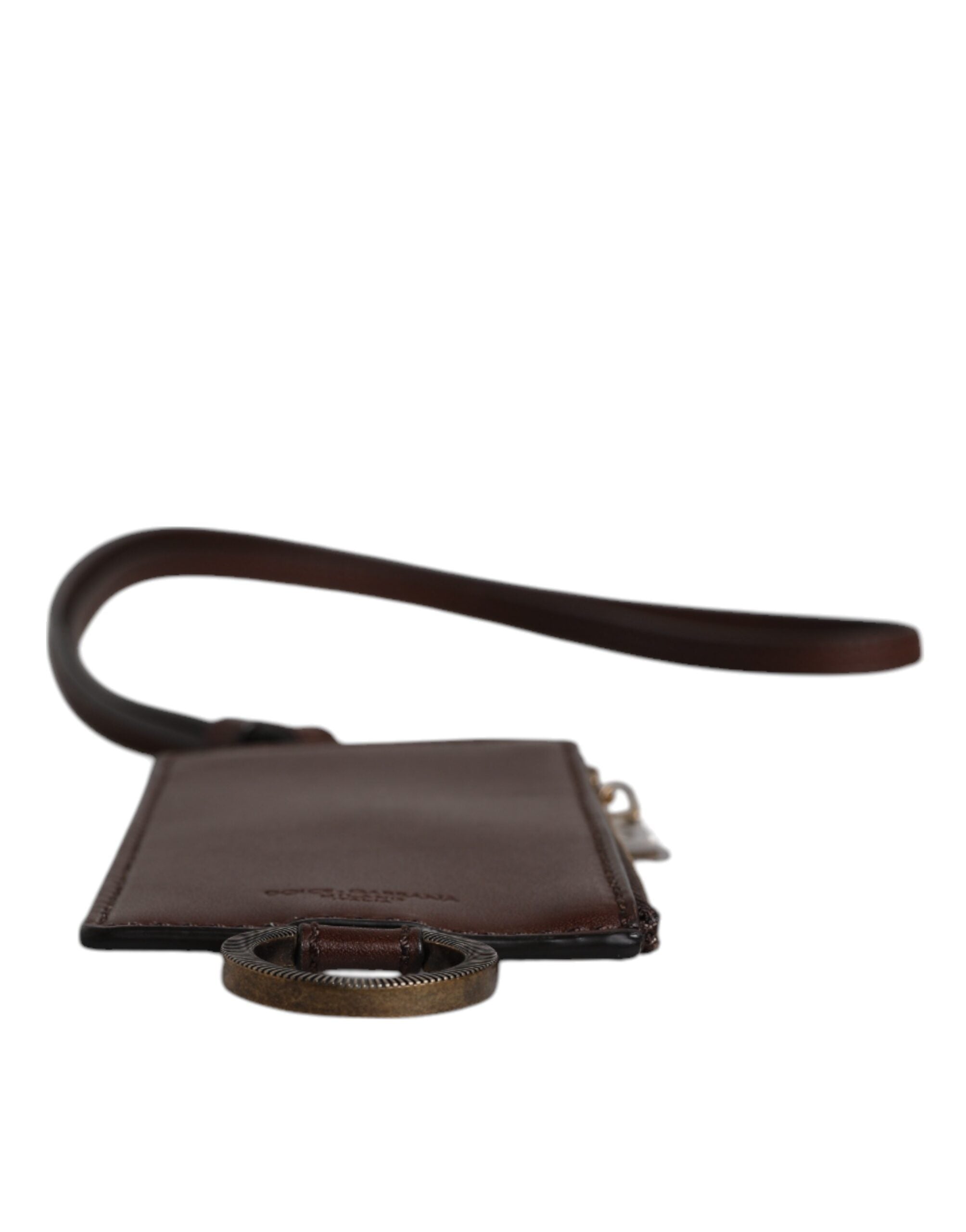 Dolce &amp; Gabbana brun kalvelæder lanyard logo kortholder tegnebog