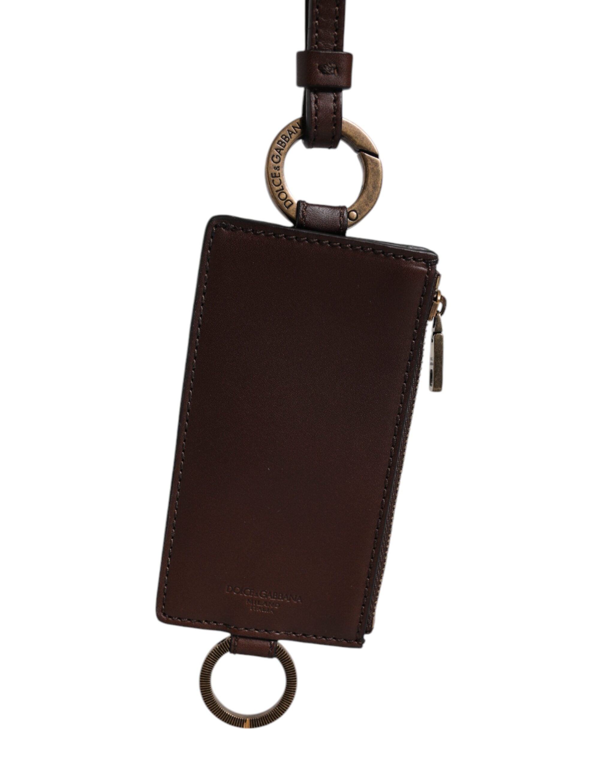Dolce & Gabbana brun kalvelæder lanyard logo kortholder tegnebog