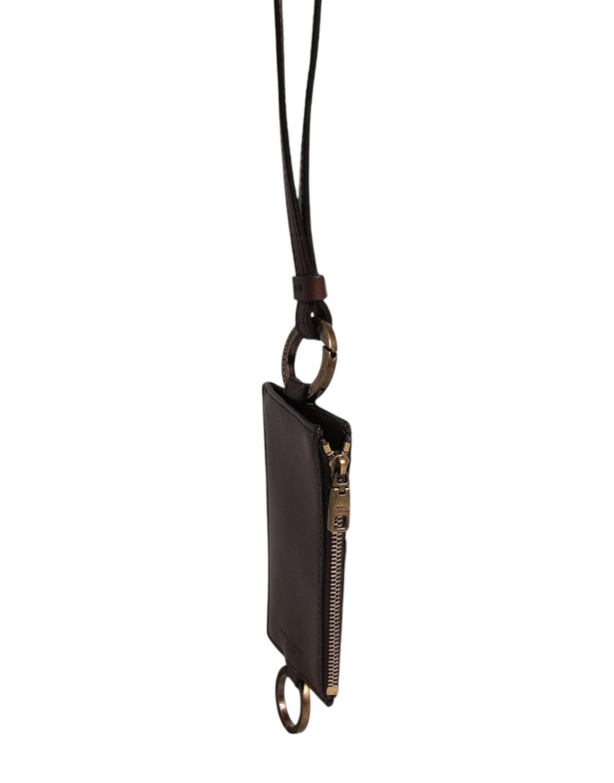Dolce & Gabbana brun kalvelæder lanyard logo kortholder tegnebog