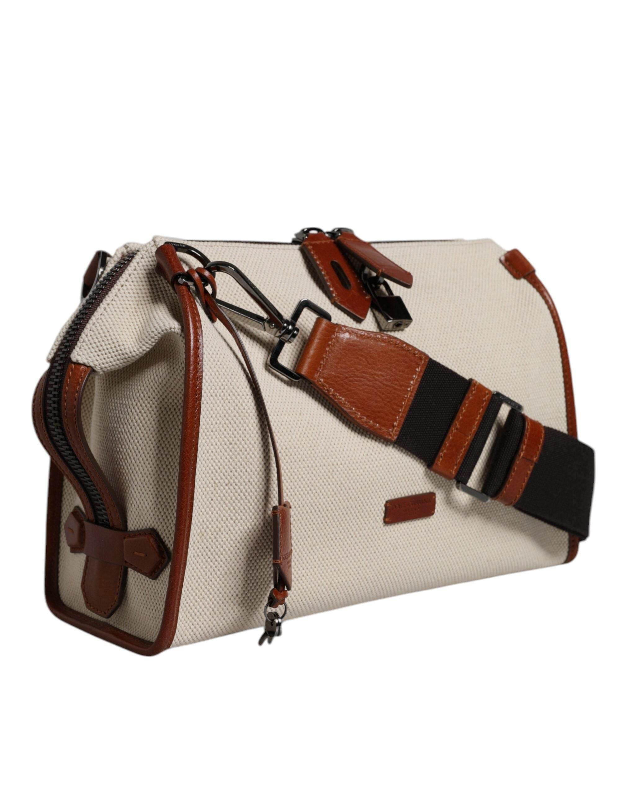 Dolce & Gabbana Beige Brown Cotton Leather Duffle Shoulder Bag - Hilstor