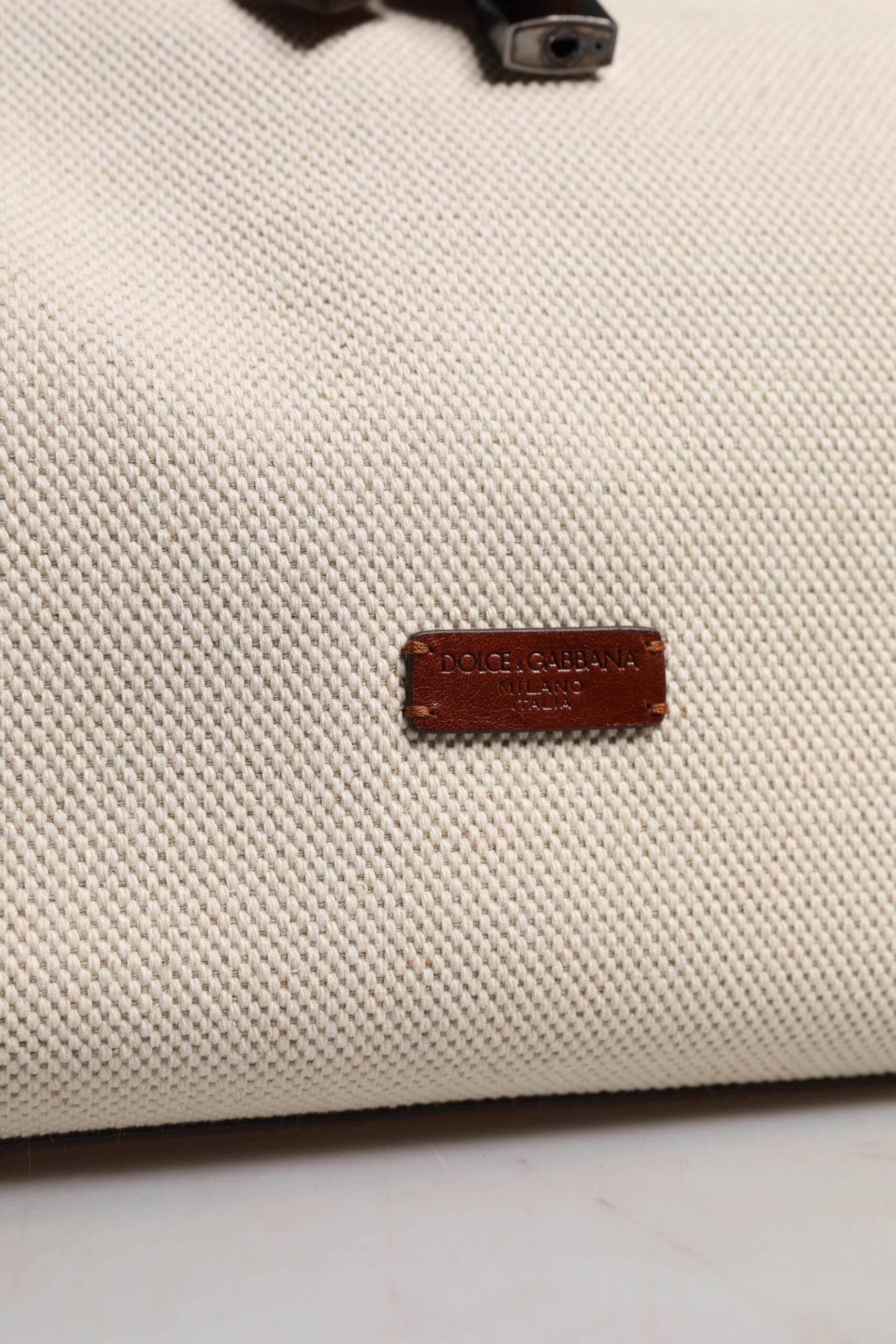 Dolce & Gabbana Beige Brown Cotton Leather Duffle Shoulder Bag - Hilstor
