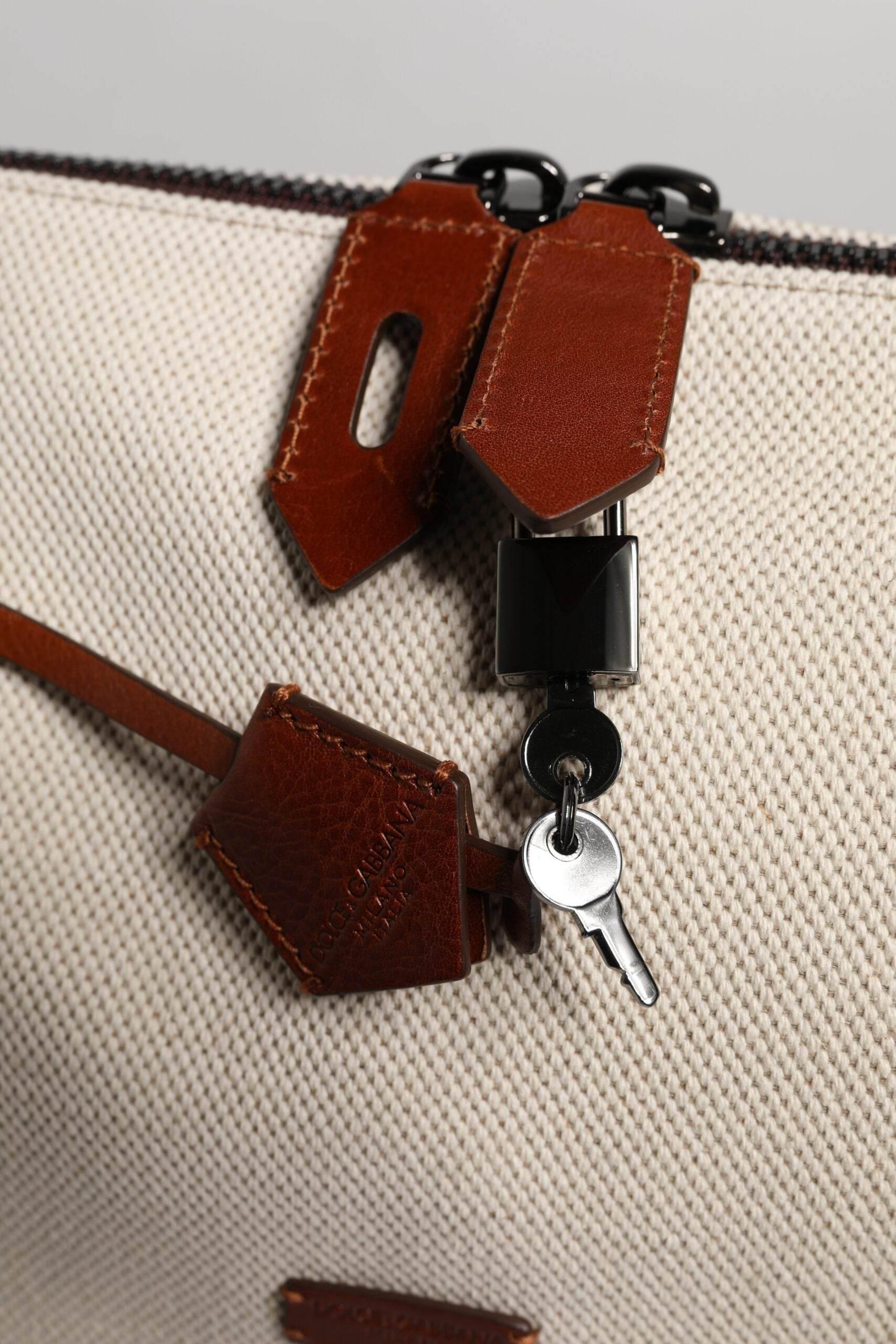 Dolce & Gabbana Beige Brown Cotton Leather Duffle Shoulder Bag - Hilstor
