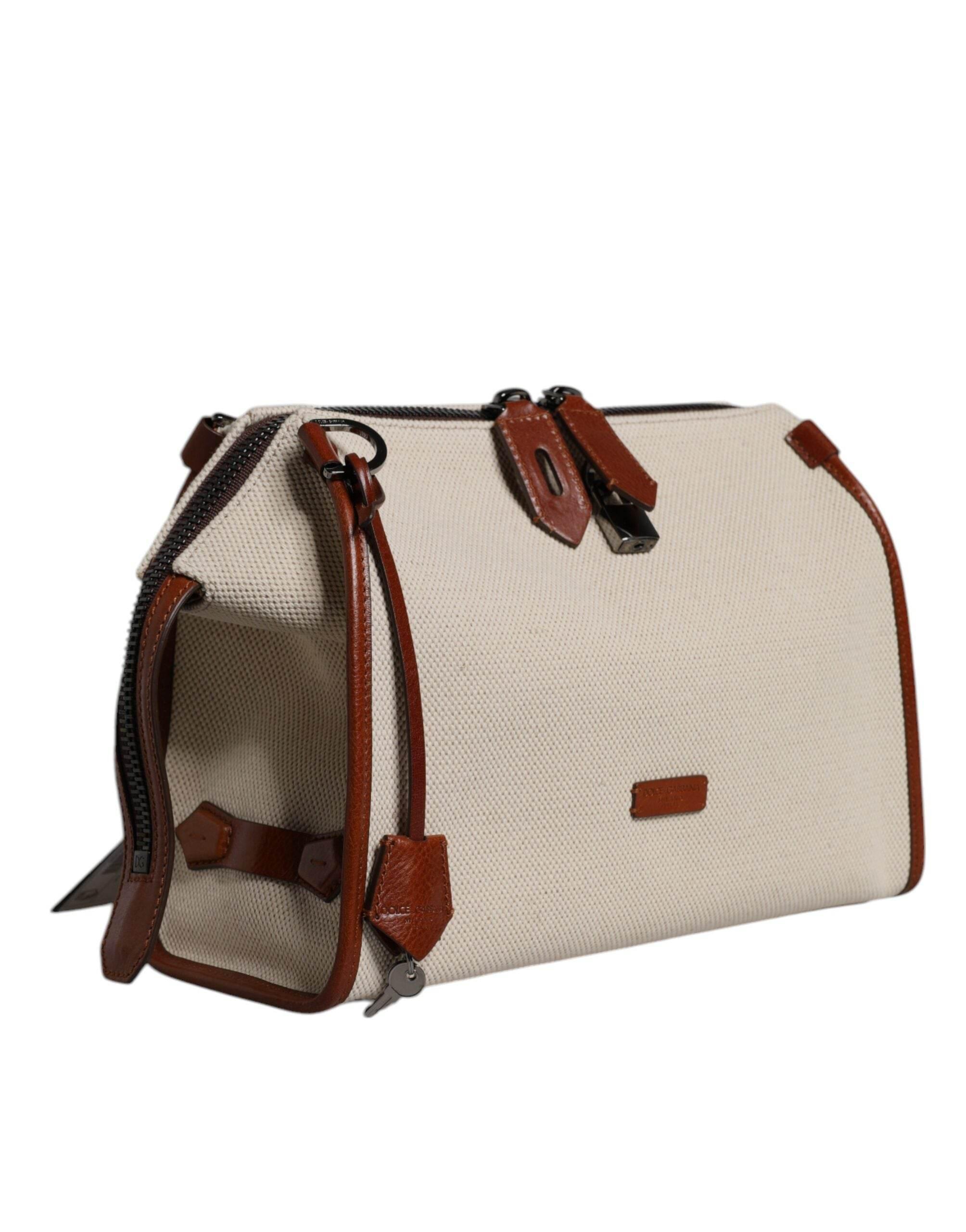 Dolce & Gabbana Beige Brown Cotton Leather Duffle Shoulder Bag - Hilstor