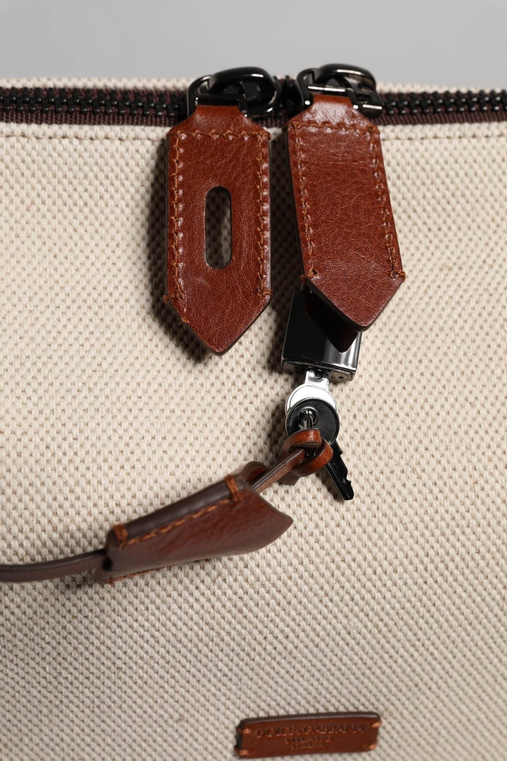 Dolce & Gabbana Beige Brown Cotton Leather Duffle Shoulder Bag - Hilstor