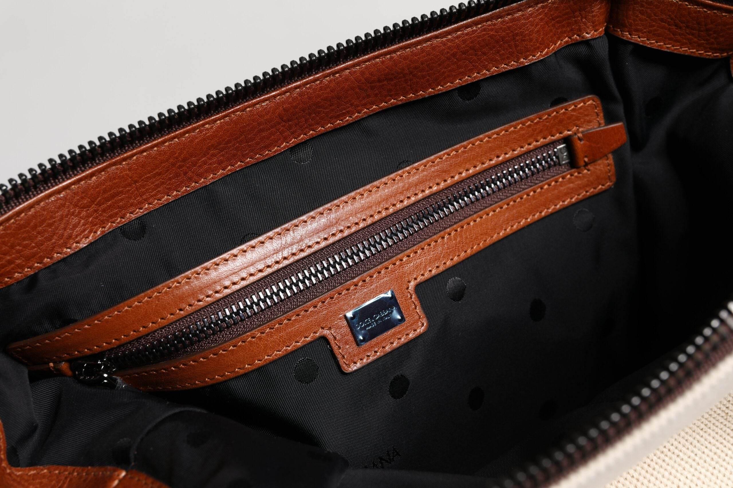 Dolce & Gabbana Beige Brown Cotton Leather Duffle Shoulder Bag - Hilstor