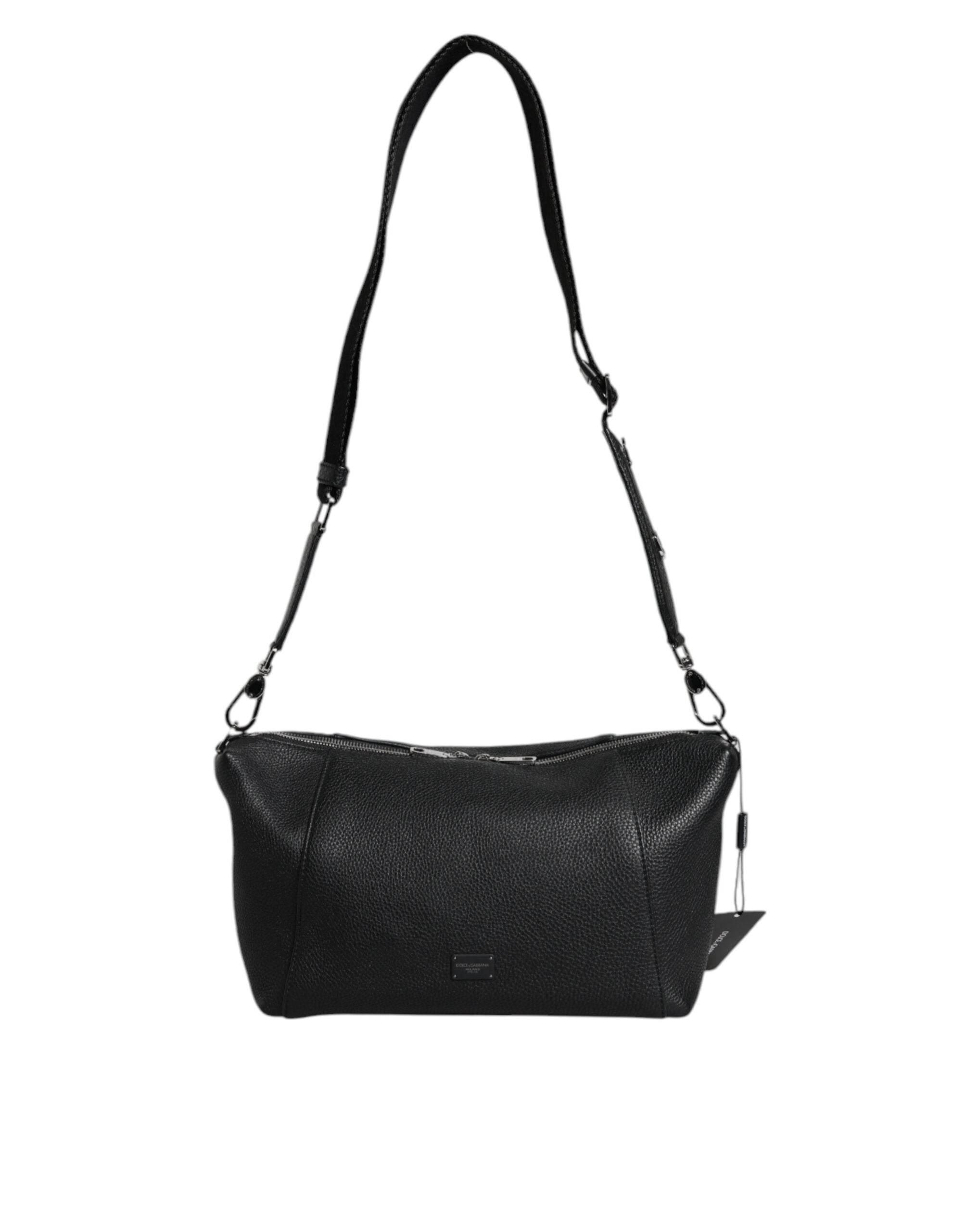 Dolce & Gabbana Black Leather Logo Plaque Shoulder Crossbody Bag - Hilstor