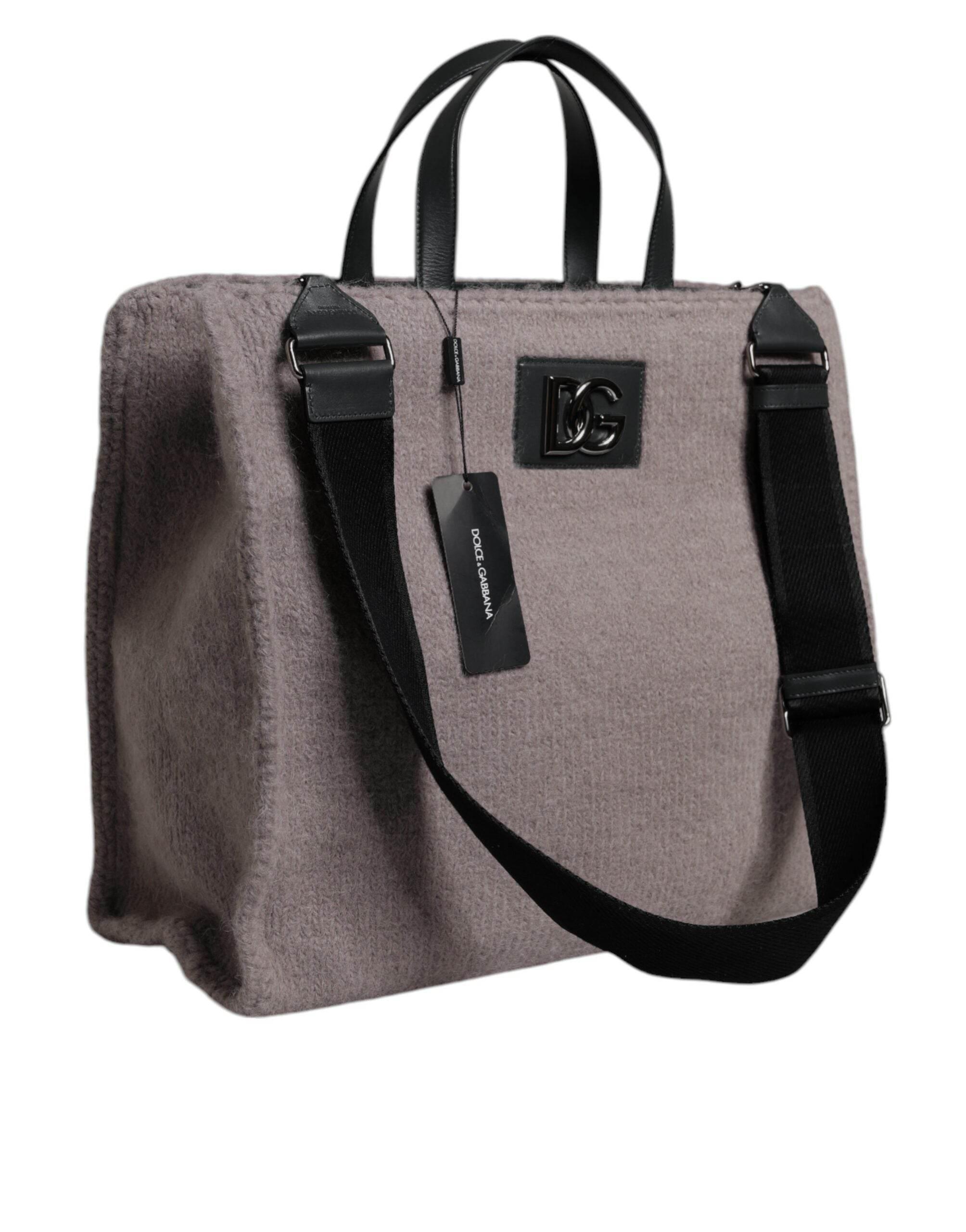 Dolce & Gabbana Grey Alpaca Wool Logo Plaque Tote Shoulder Bag - Hilstor