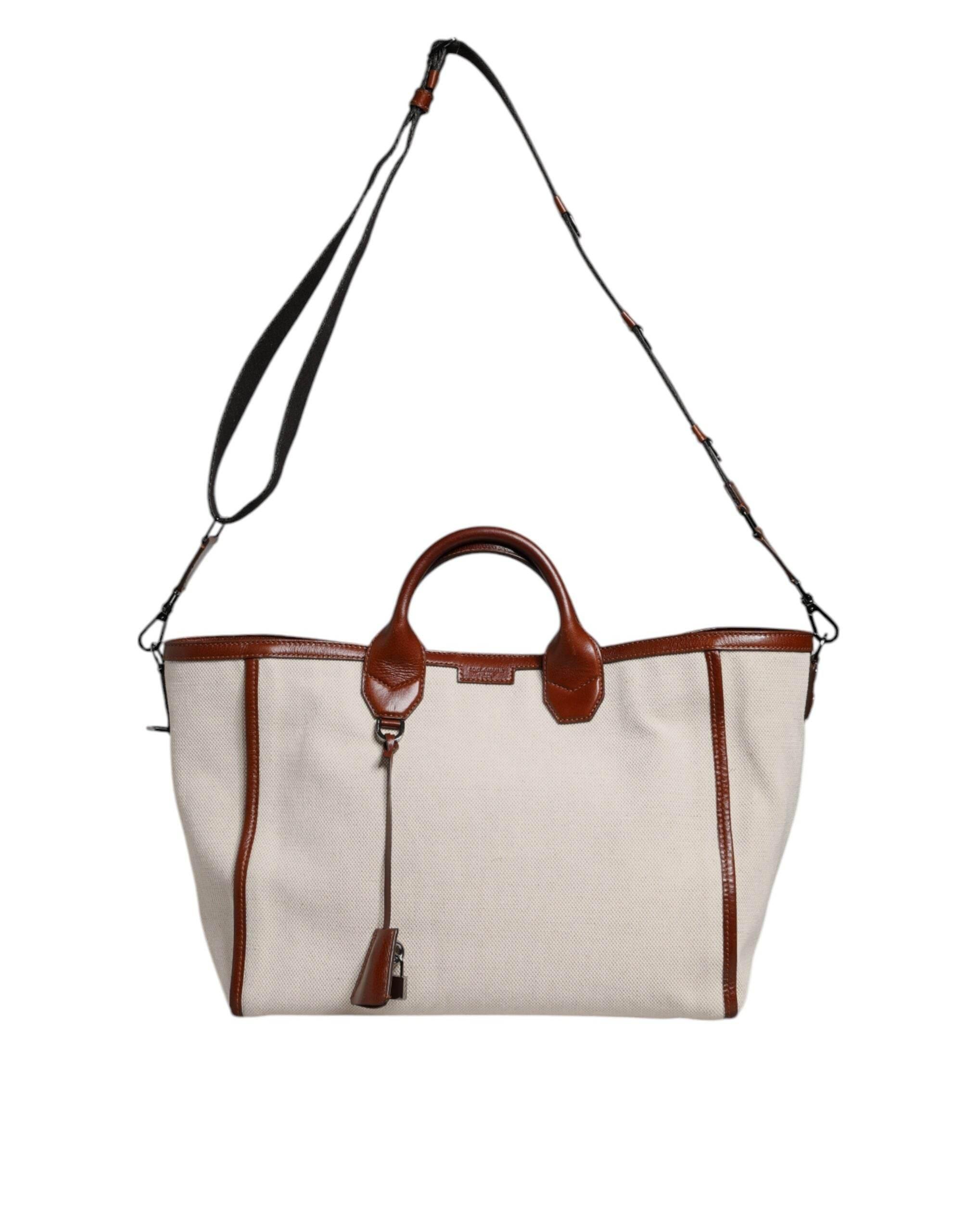 Dolce & Gabbana Beige Brown Cotton Leather Duffle Shoulder Bag - Hilstor