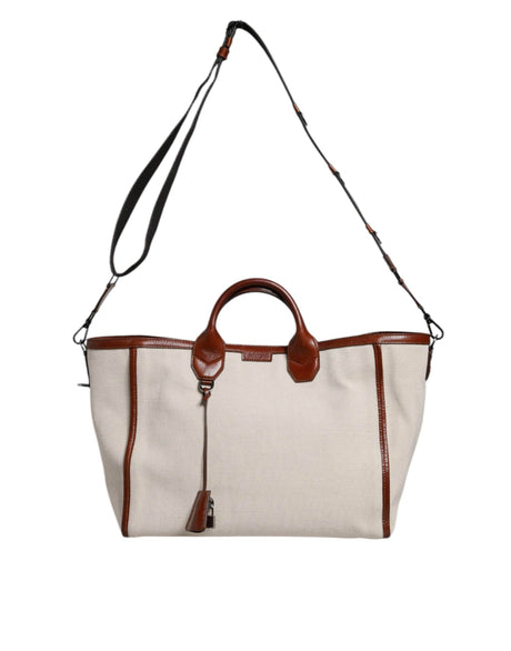 Dolce & Gabbana Beige Brown Cotton Leather Duffle Shoulder Bag - Hilstor