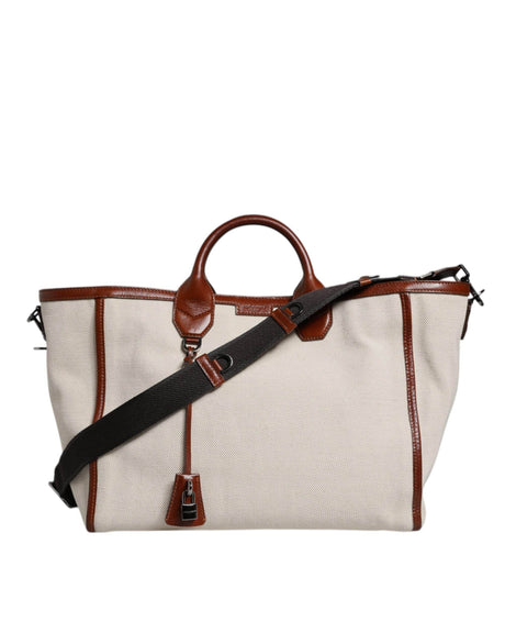Dolce & Gabbana Beige Brown Cotton Leather Duffle Shoulder Bag - Hilstor
