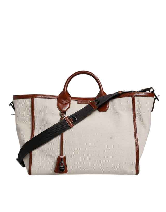 Dolce & Gabbana Beige Brown Cotton Leather Duffle Shoulder Bag - Hilstor