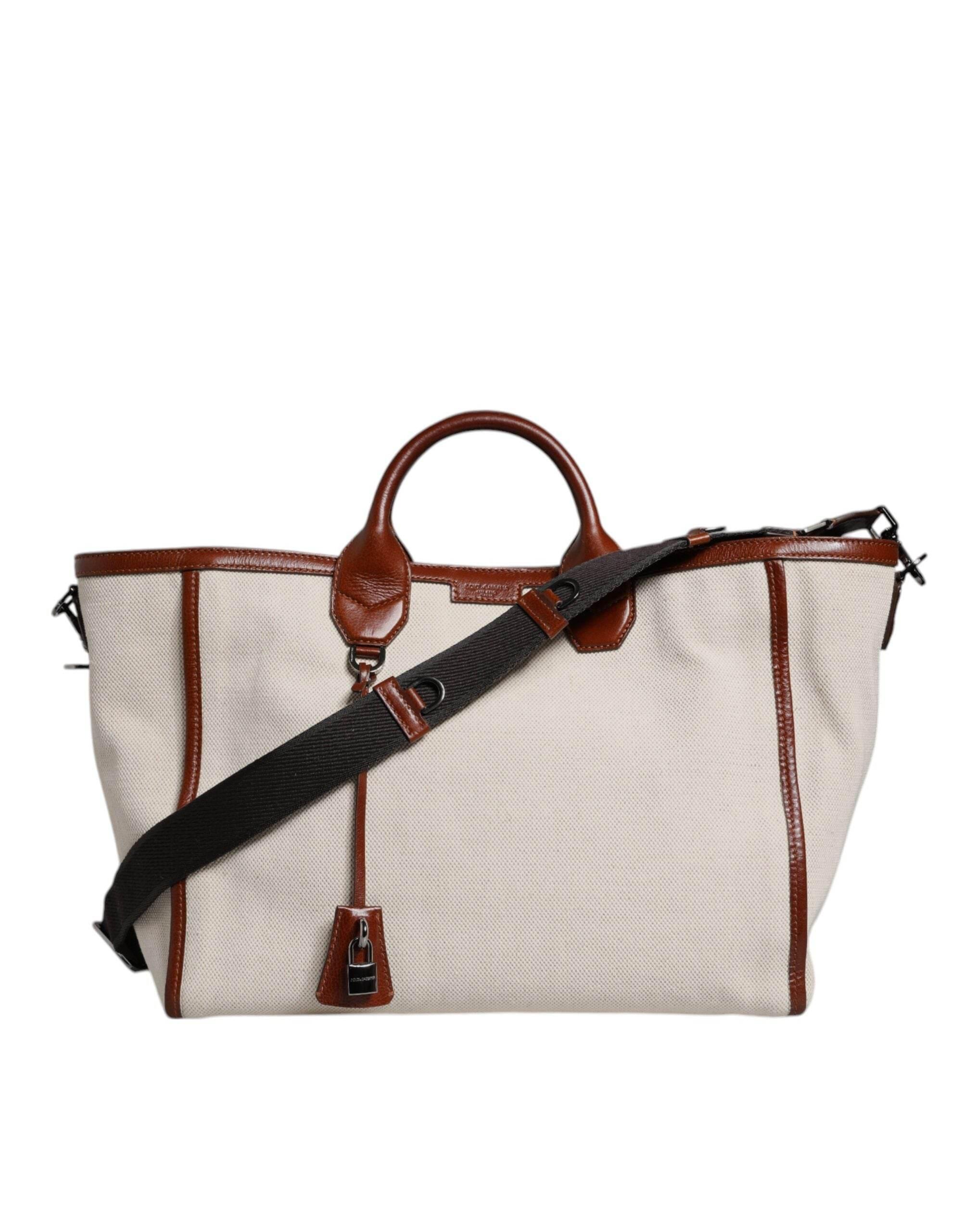 Dolce & Gabbana Beige Brown Cotton Leather Duffle Shoulder Bag - Hilstor