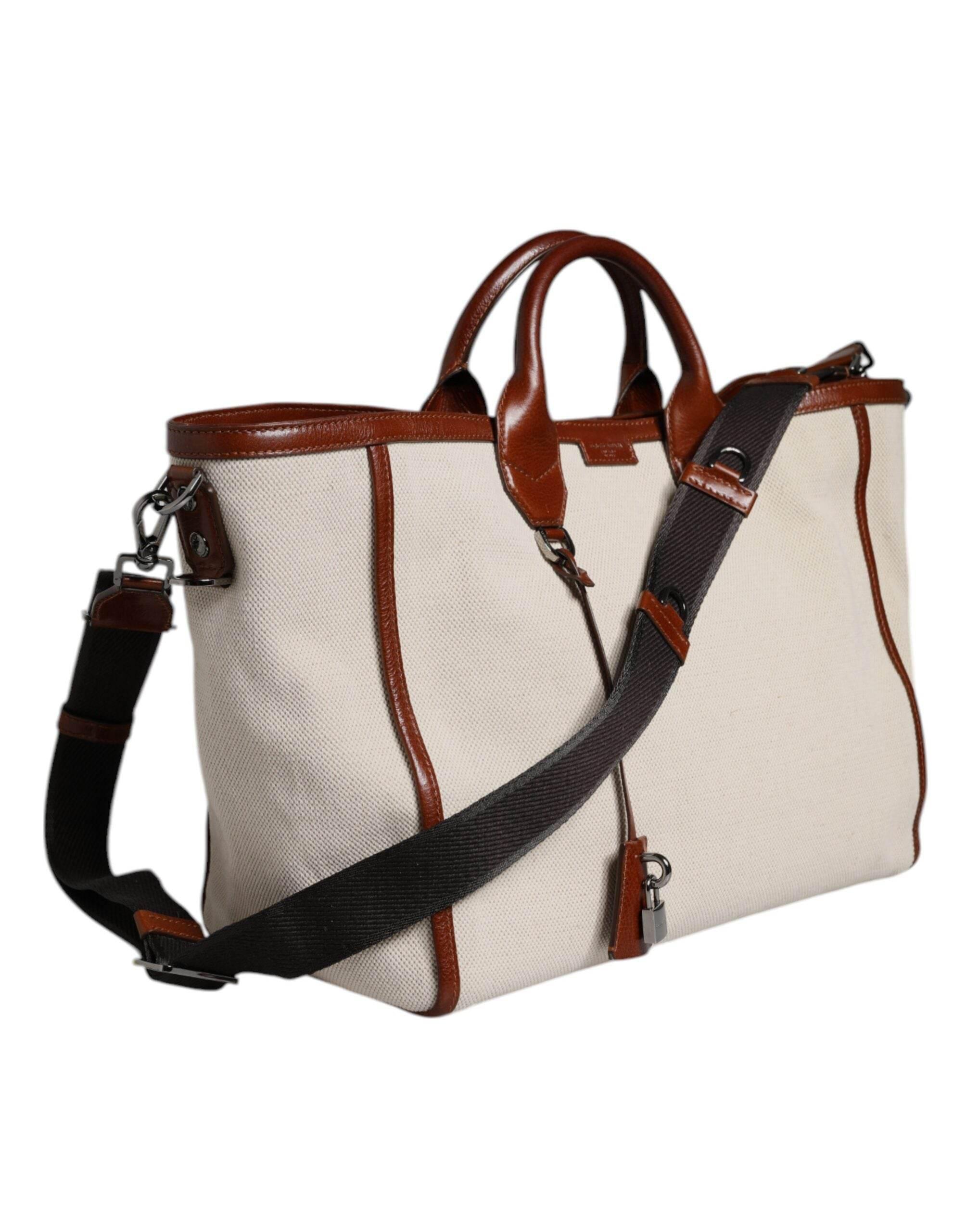 Dolce & Gabbana Beige Brown Cotton Leather Duffle Shoulder Bag - Hilstor