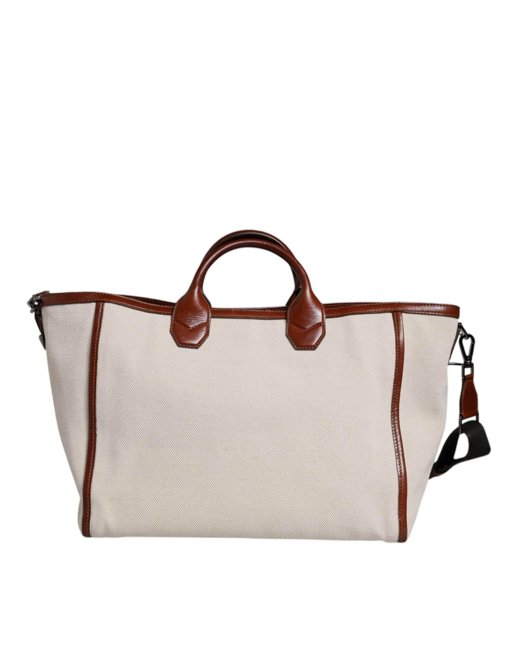 Dolce & Gabbana Beige Brown Cotton Leather Duffle Shoulder Bag - Hilstor