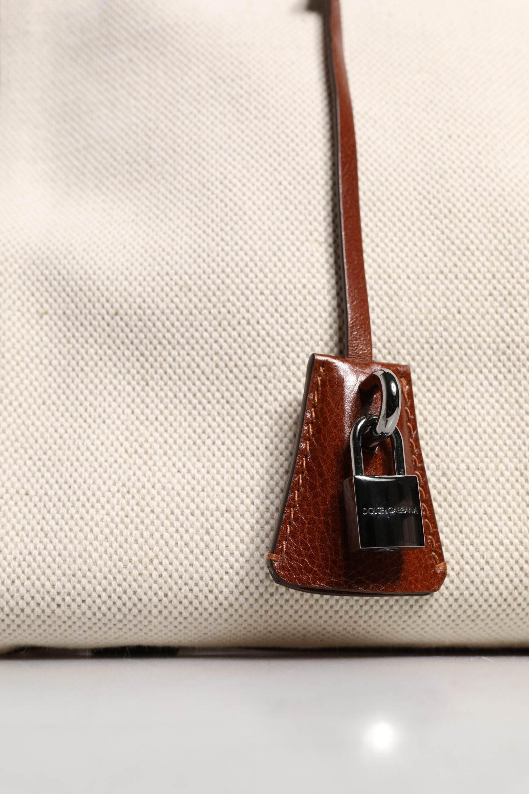 Dolce & Gabbana Beige Brown Cotton Leather Duffle Shoulder Bag - Hilstor