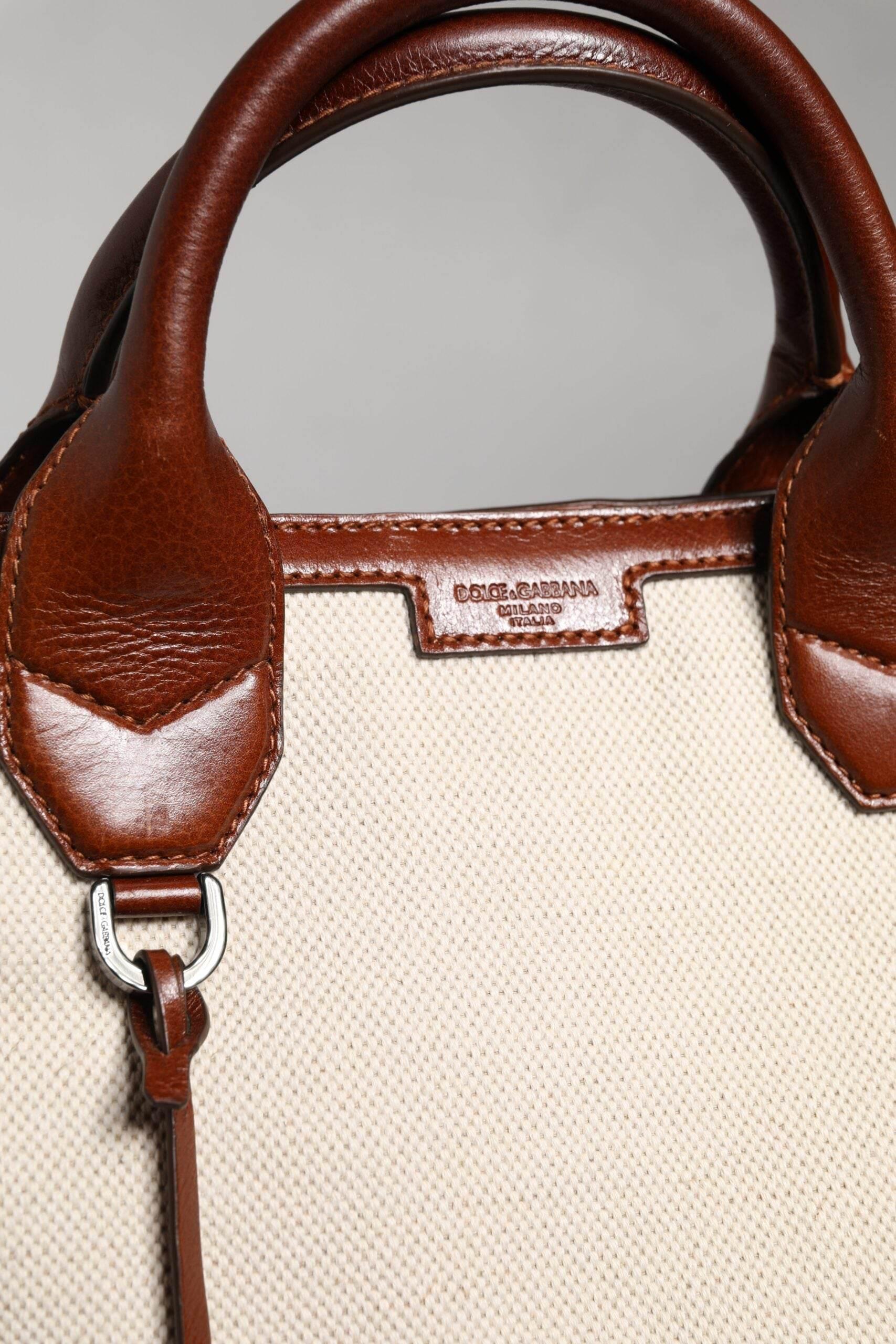 Dolce & Gabbana Beige Brown Cotton Leather Duffle Shoulder Bag - Hilstor