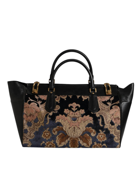 Dolce &amp; Gabbana Black Floral Jacquard Håndtaske Skulder Tote Bag