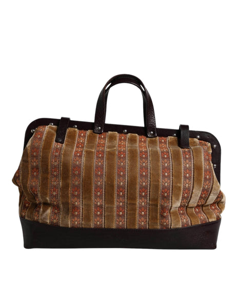 Dolce & Gabbana Beige Maroon Velvet Leather Jacquard Travel Handbag Bag - Hilstor