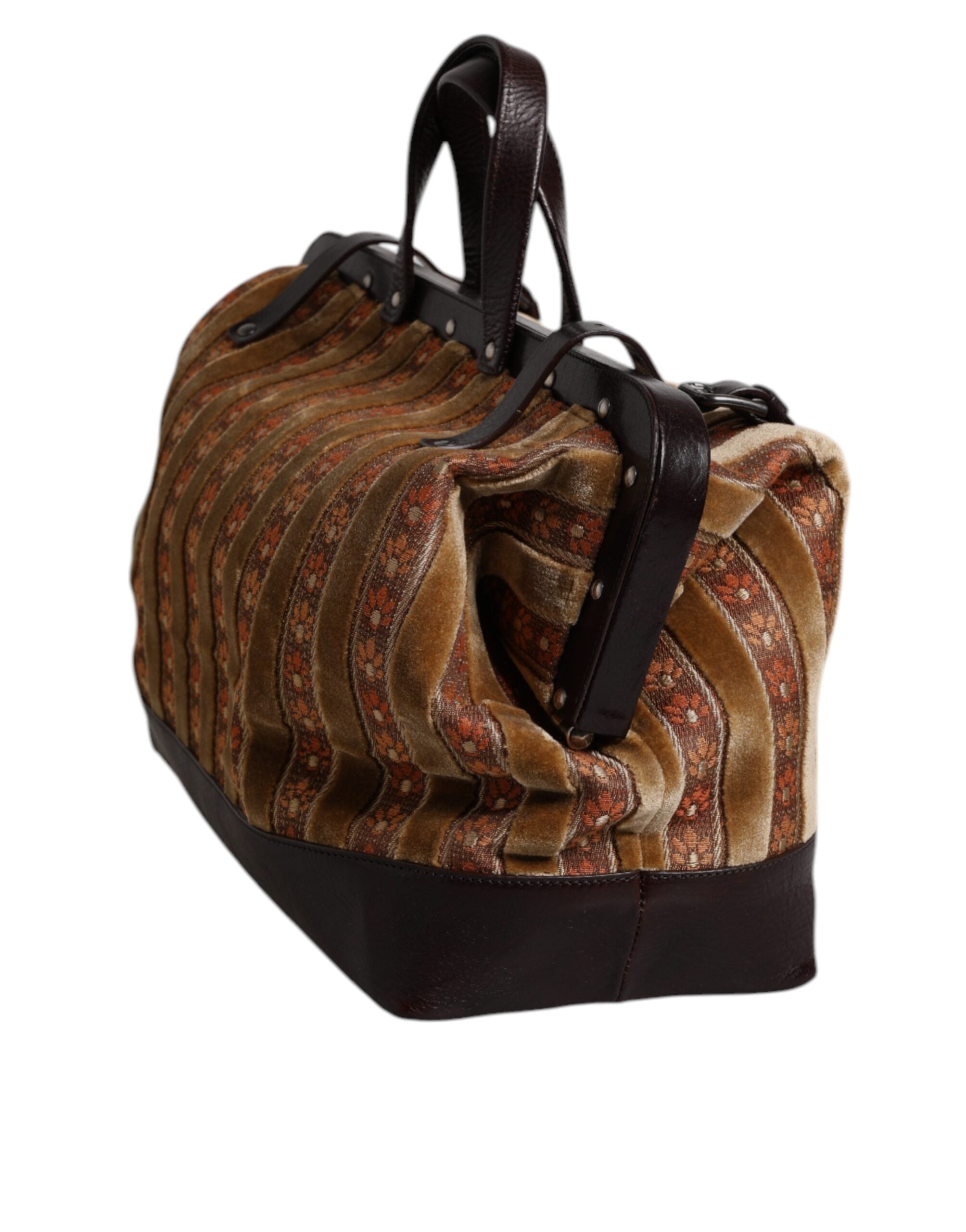 Dolce &amp; Gabbana Beige Maroon Velvet Læder Jacquard Travel Handbag Bag
