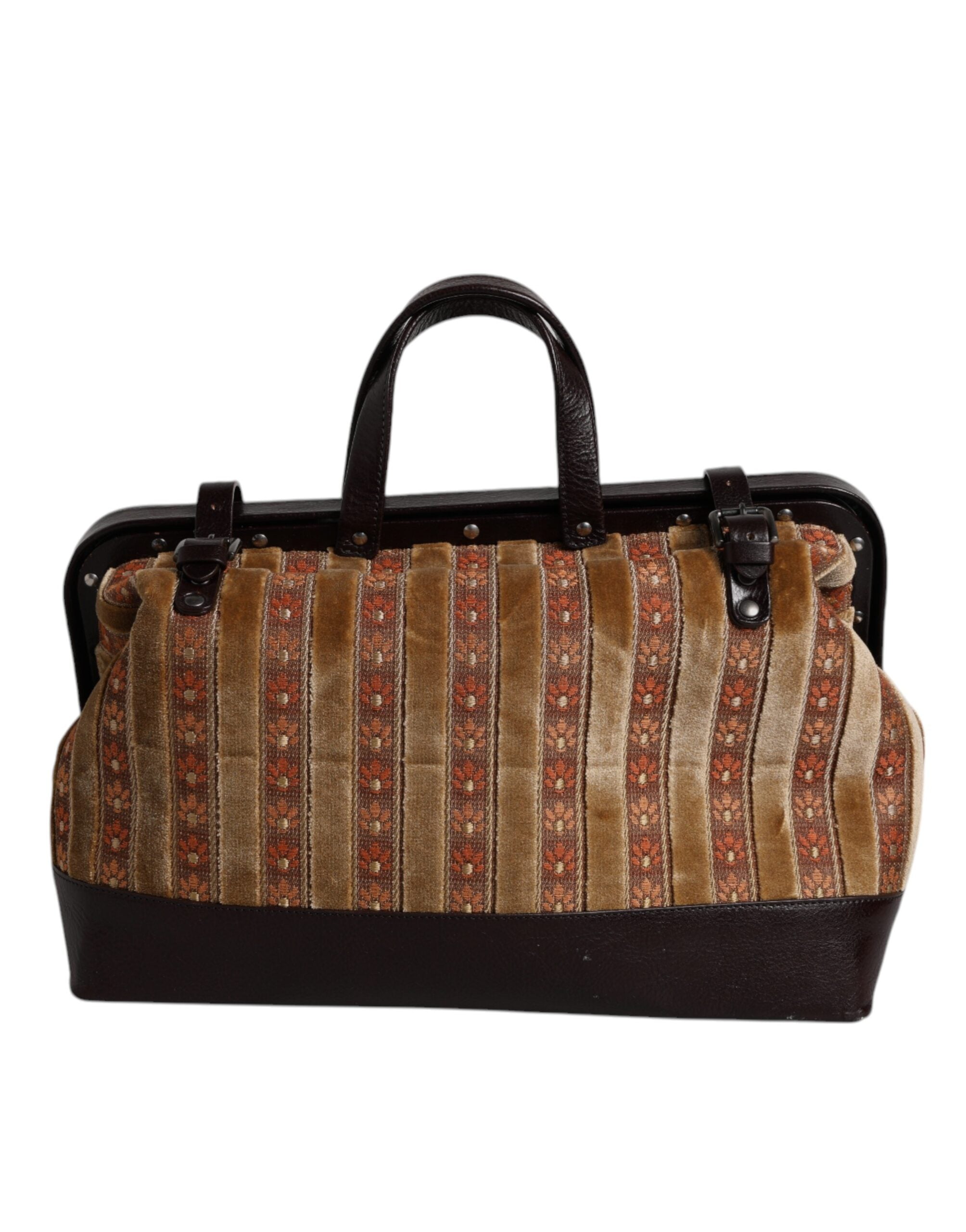 Dolce &amp; Gabbana Beige Maroon Velvet Læder Jacquard Travel Handbag Bag