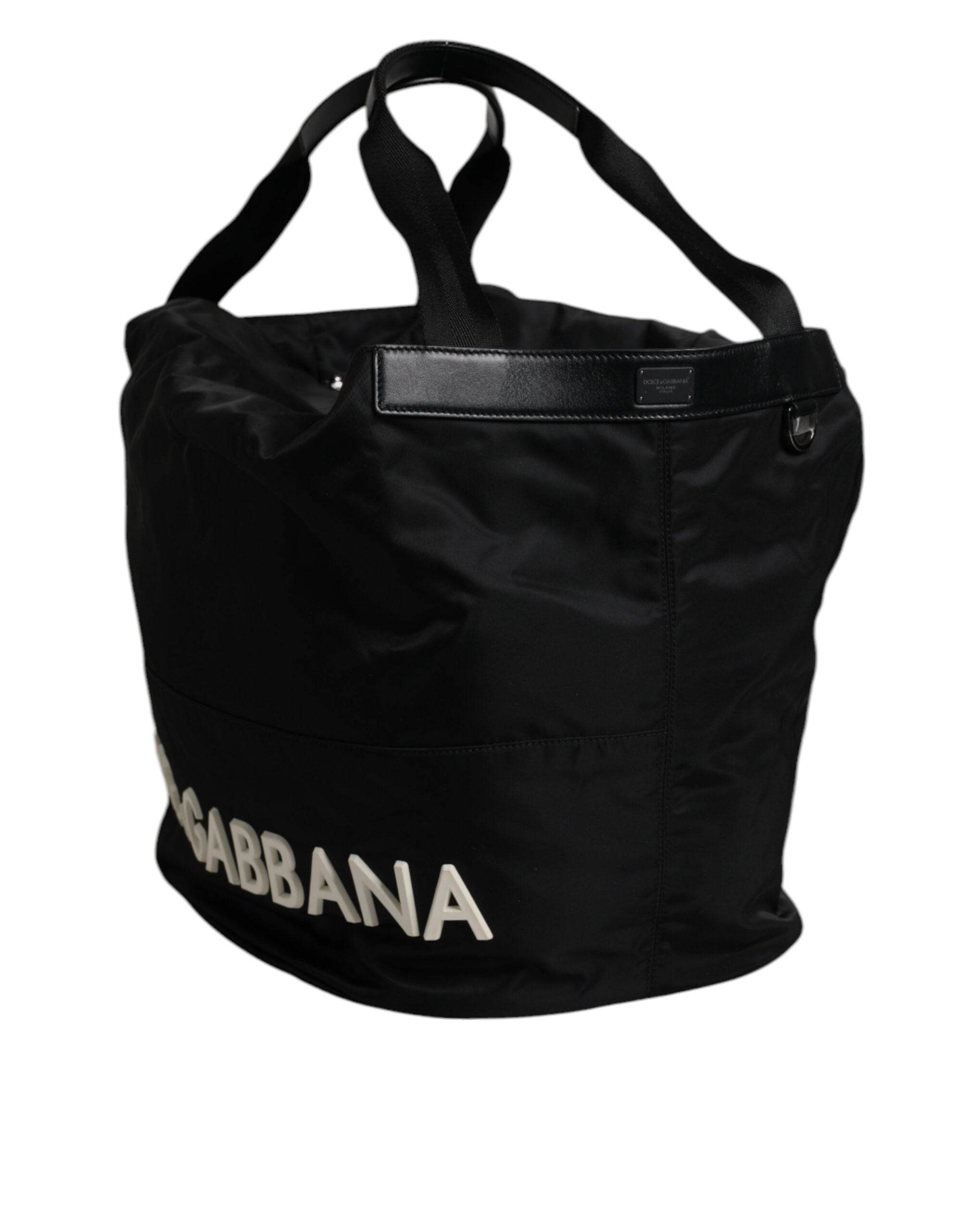 Dolce & Gabbana Black Nylon White Iconic Logo Shoulder Bucket Bag - Hilstor