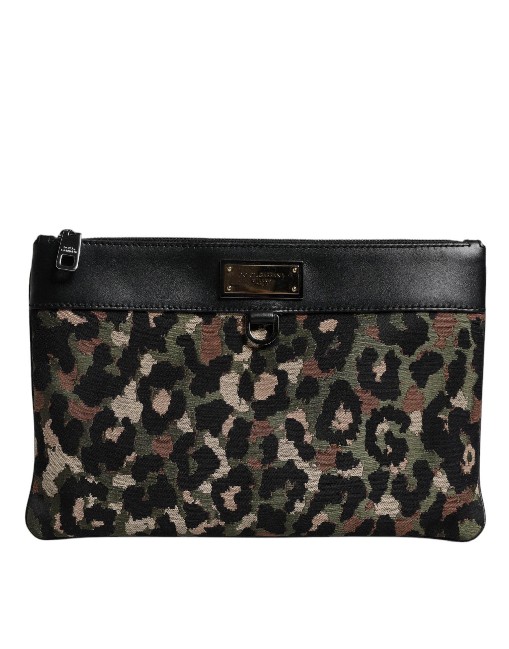 Dolce & Gabbana Multicolor Leopard Jacquard Print Logo Plaque Pouch Bag - Hilstor