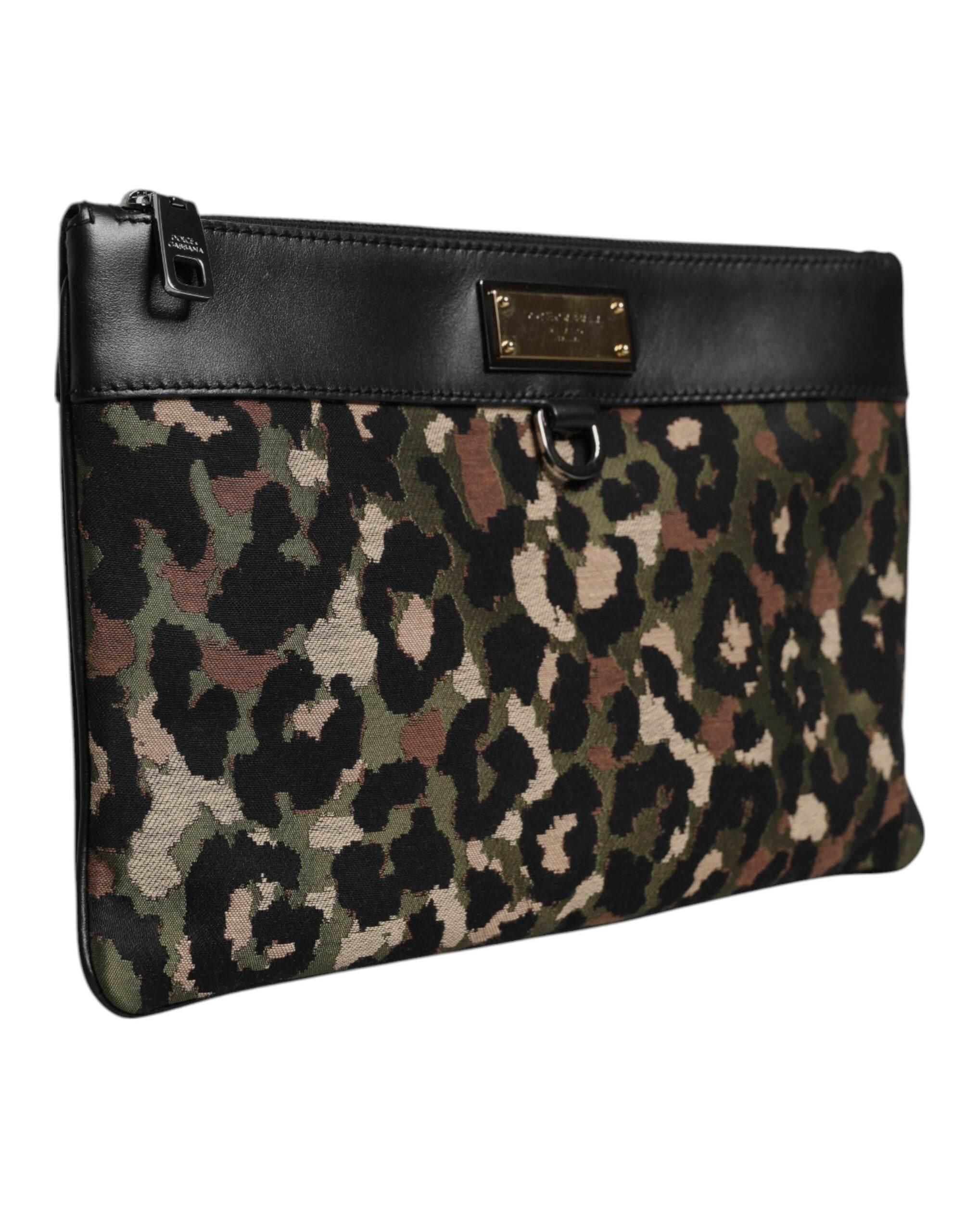 Dolce & Gabbana Multicolor Leopard Jacquard Print Logo Plaque Pouch Bag - Hilstor