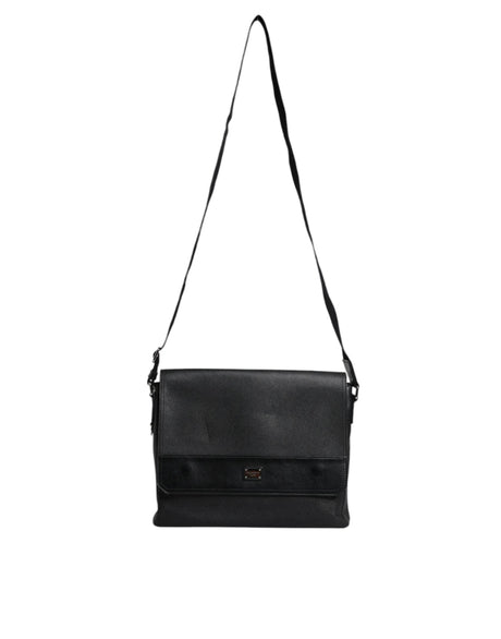 Dolce & Gabbana Black Logo Plaque Leather Messenger Shoulder Strap Bag - Hilstor