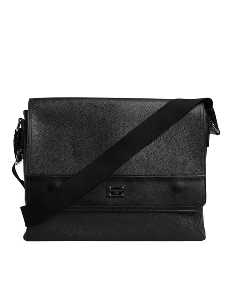 Dolce & Gabbana Black Logo Plaque Leather Messenger Shoulder Strap Bag - Hilstor