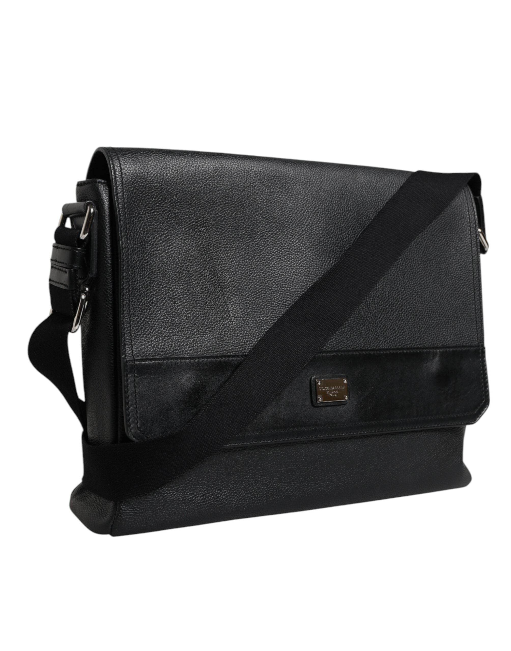 Dolce & Gabbana Black Logo Plaque Leather Messenger Shoulder Strap Bag - Hilstor